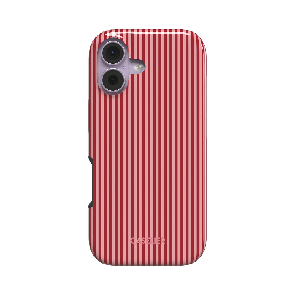 Pinstripes phone case in deep red and soft pink alternating vertical pinstripes on a glossy finish, phone case by Caselier - tough case, front view | Caselier