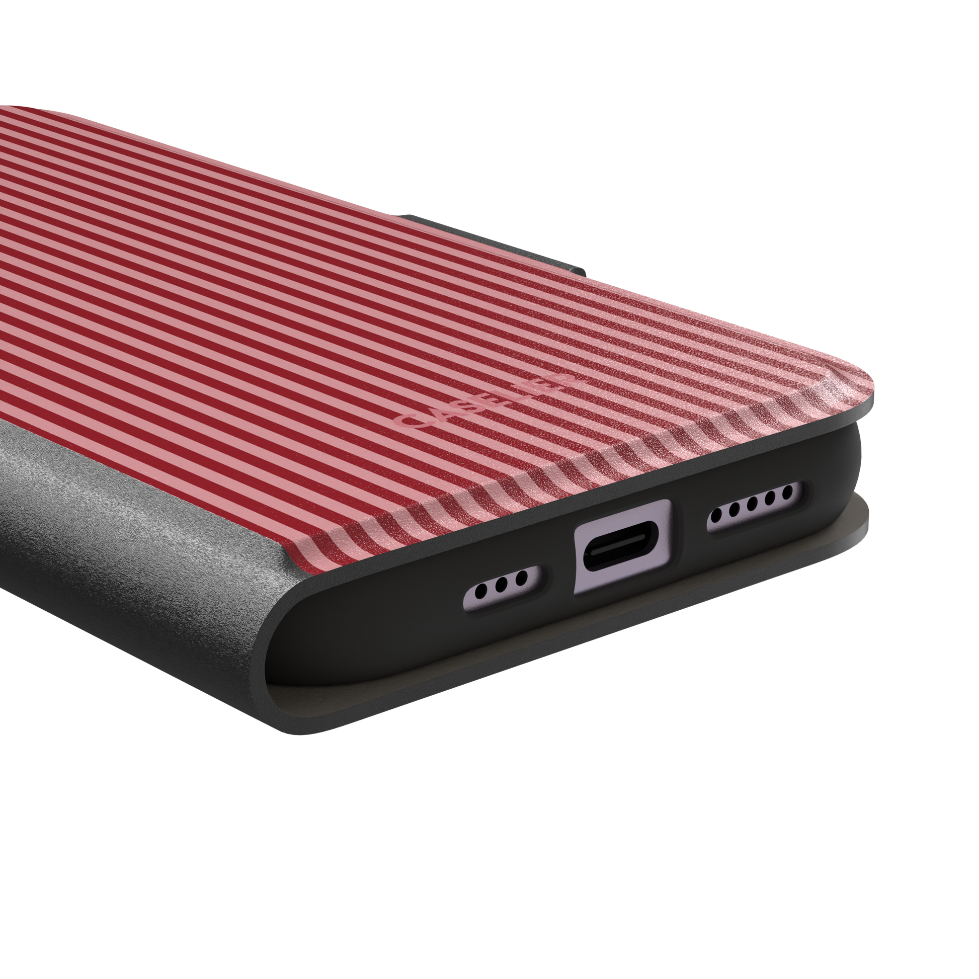Pinstripes, vertical red and pink candy-stripe pinstripes, wallet case, charging port detail, phone case by Caselier