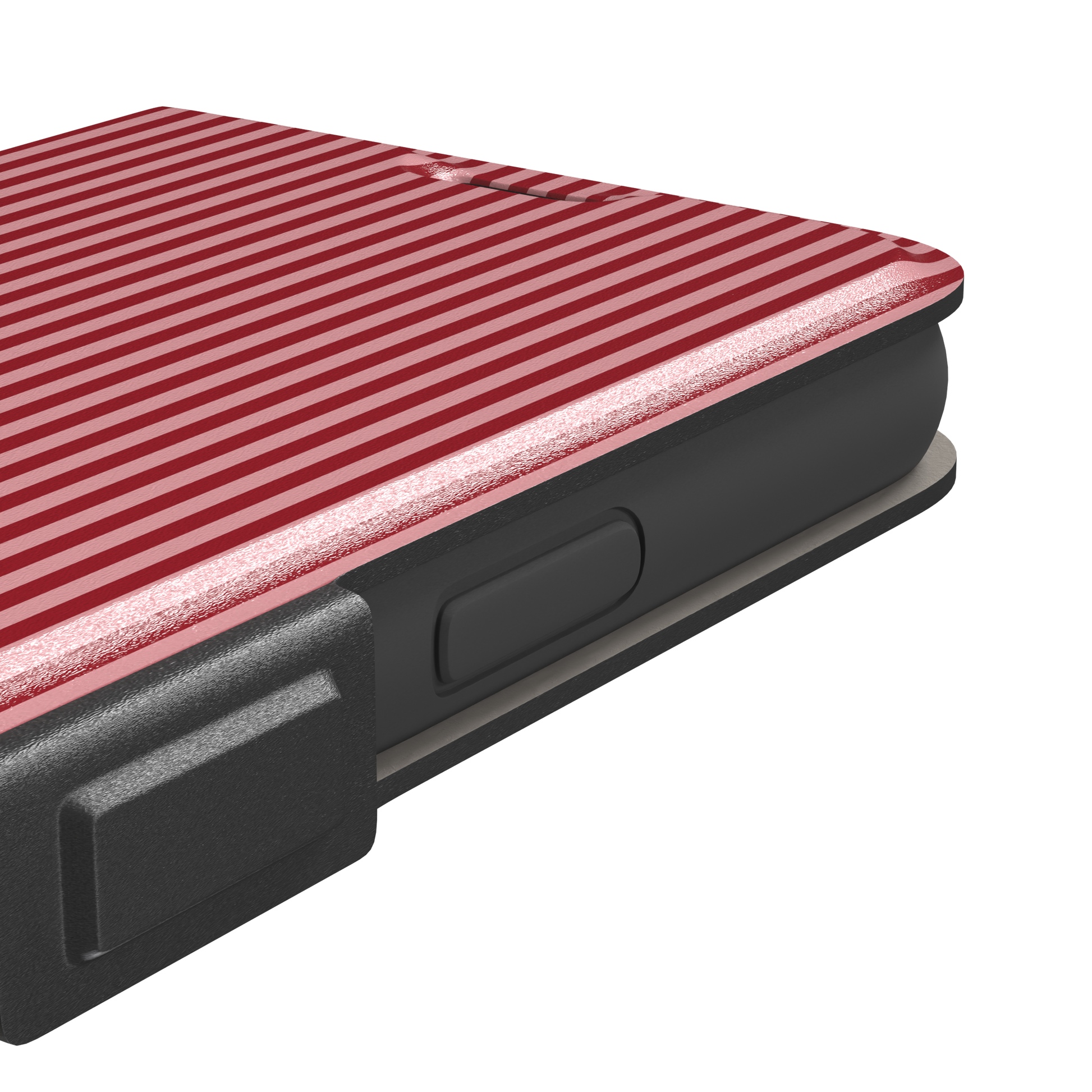 Pinstripes, vertical red and pink candy-stripe pinstripes, wallet case, volume buttons detail, phone case by Caselier