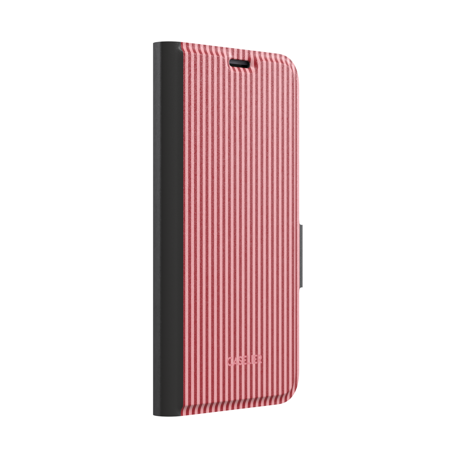 Pinstripes, vertical red and pink candy-stripe pinstripes, wallet case, left view, phone case by Caselier
