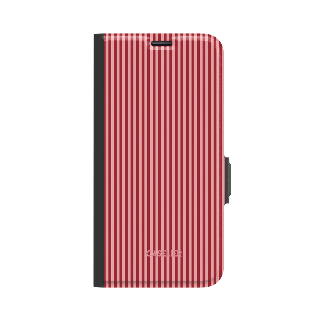 Pinstripes phone case in deep red and soft pink alternating vertical pinstripes on a glossy finish, phone case by Caselier - wallet case, front view | Caselier