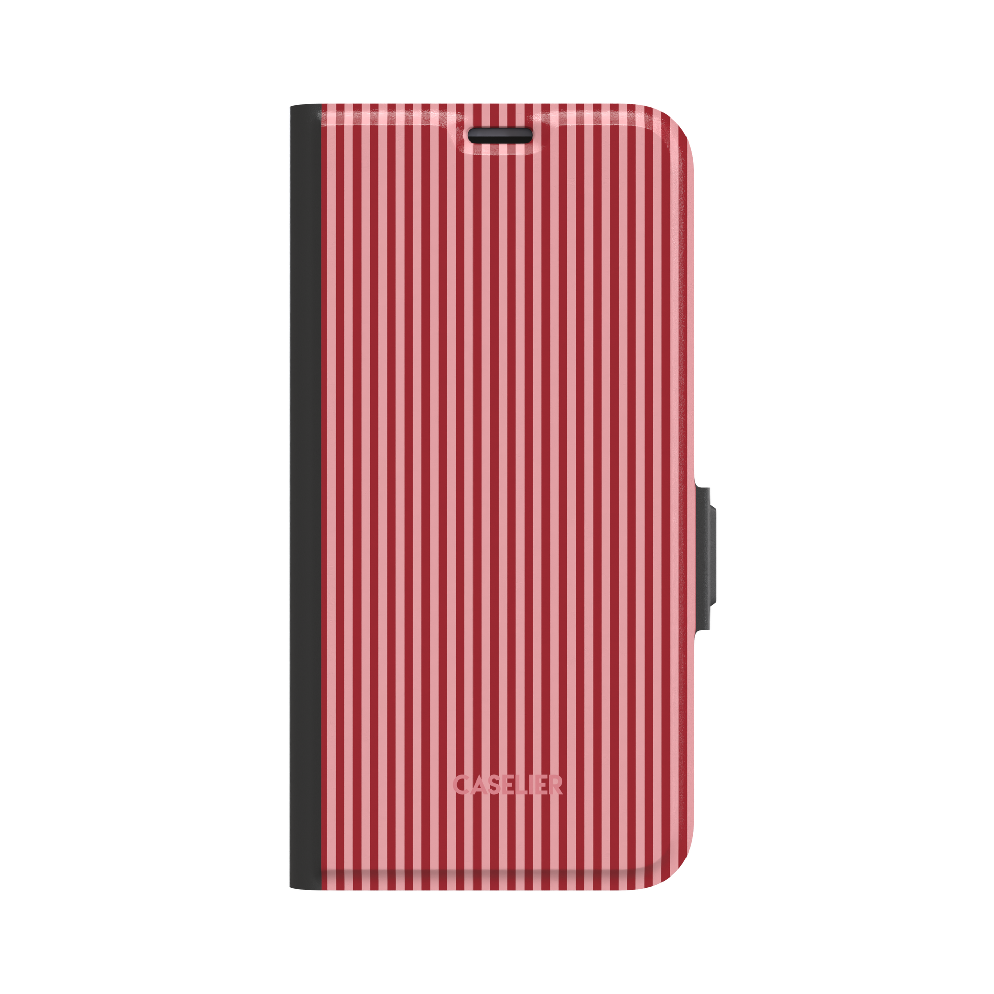 Pinstripes phone case in deep red and soft pink alternating vertical pinstripes on a glossy finish, phone case by Caselier - wallet case, front view | Caselier