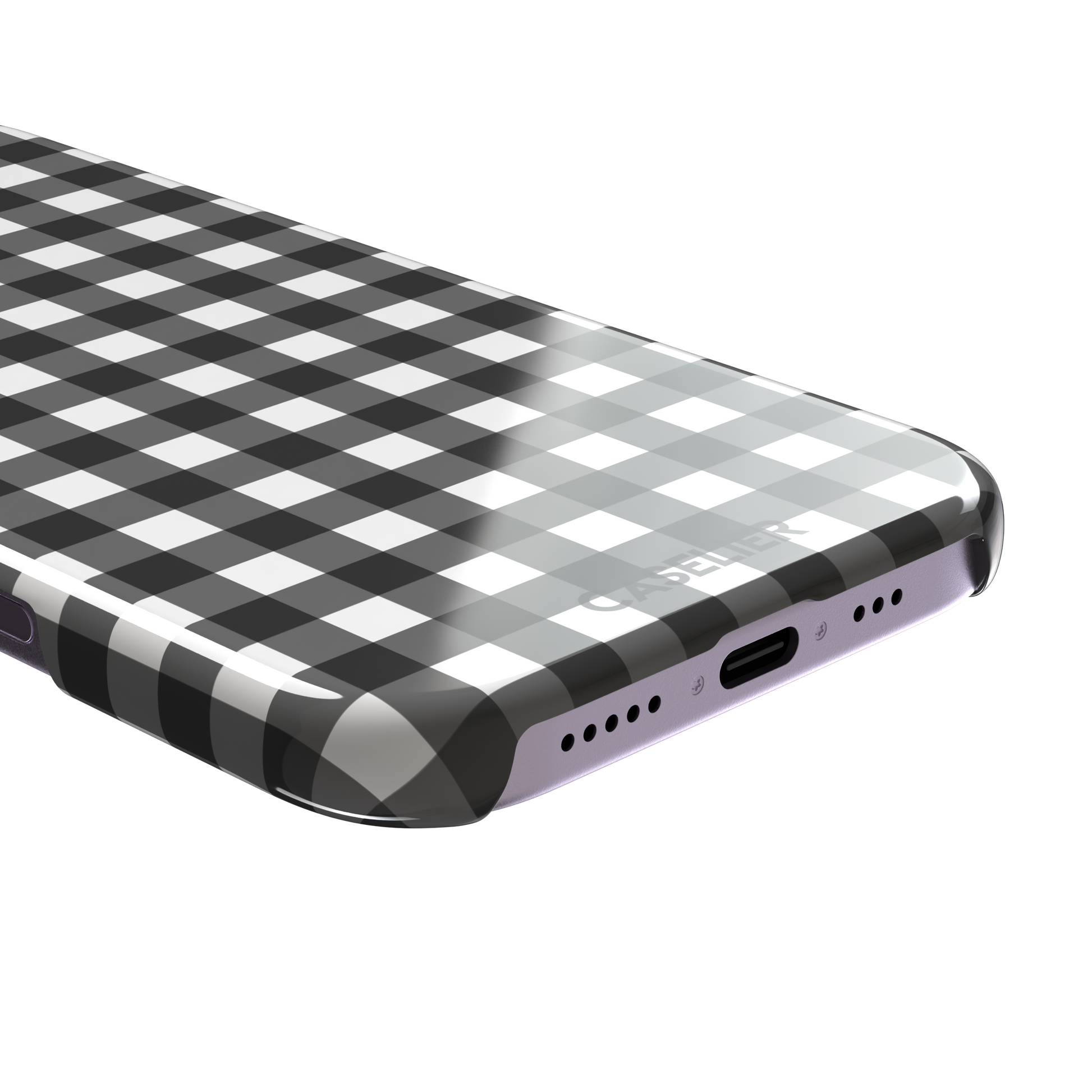 Plaid gingham check phone case in charcoal grey and white, phone case by Caselier — snap case, charging port detail