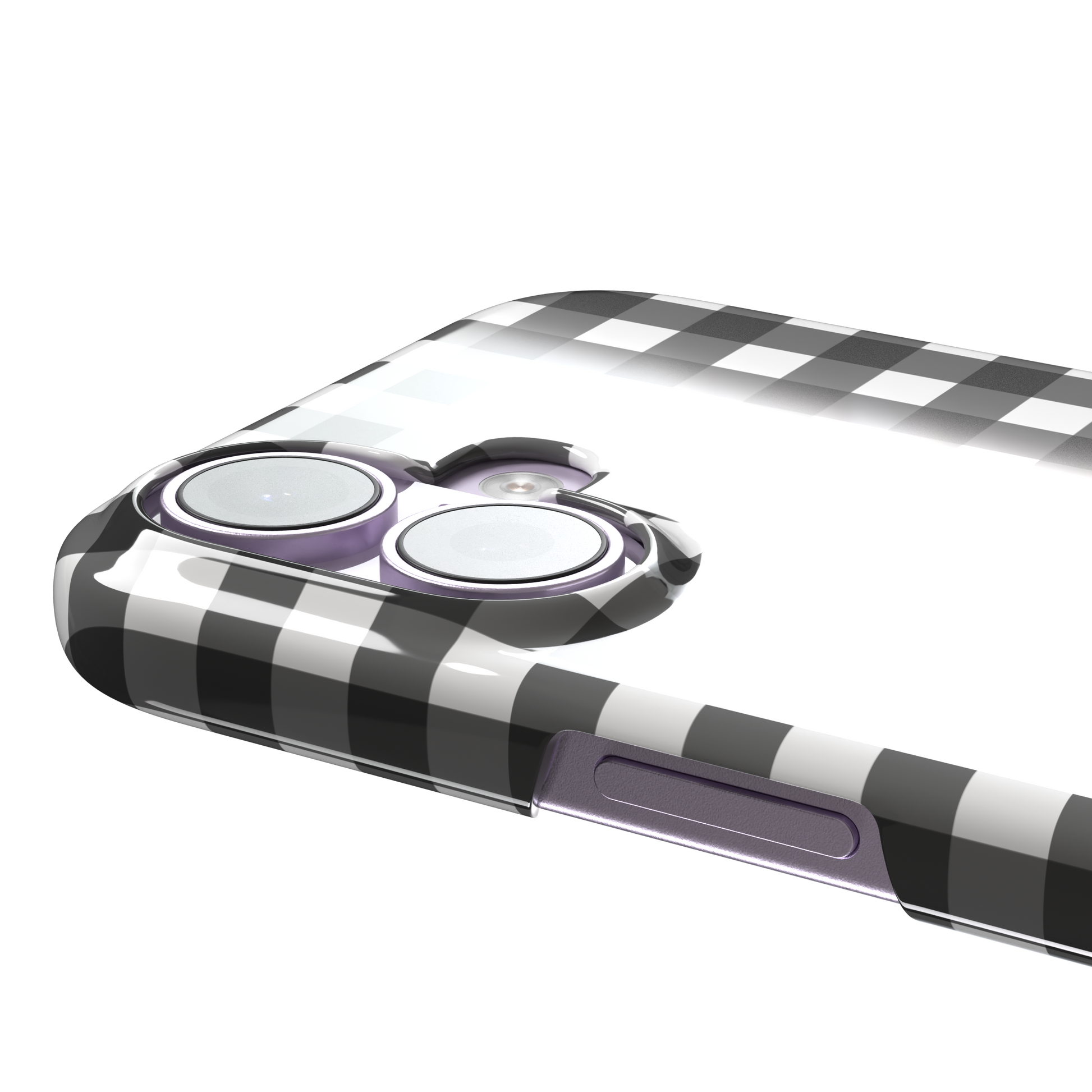 Plaid gingham check phone case in charcoal grey and white, phone case by Caselier — snap case, volume buttons detail