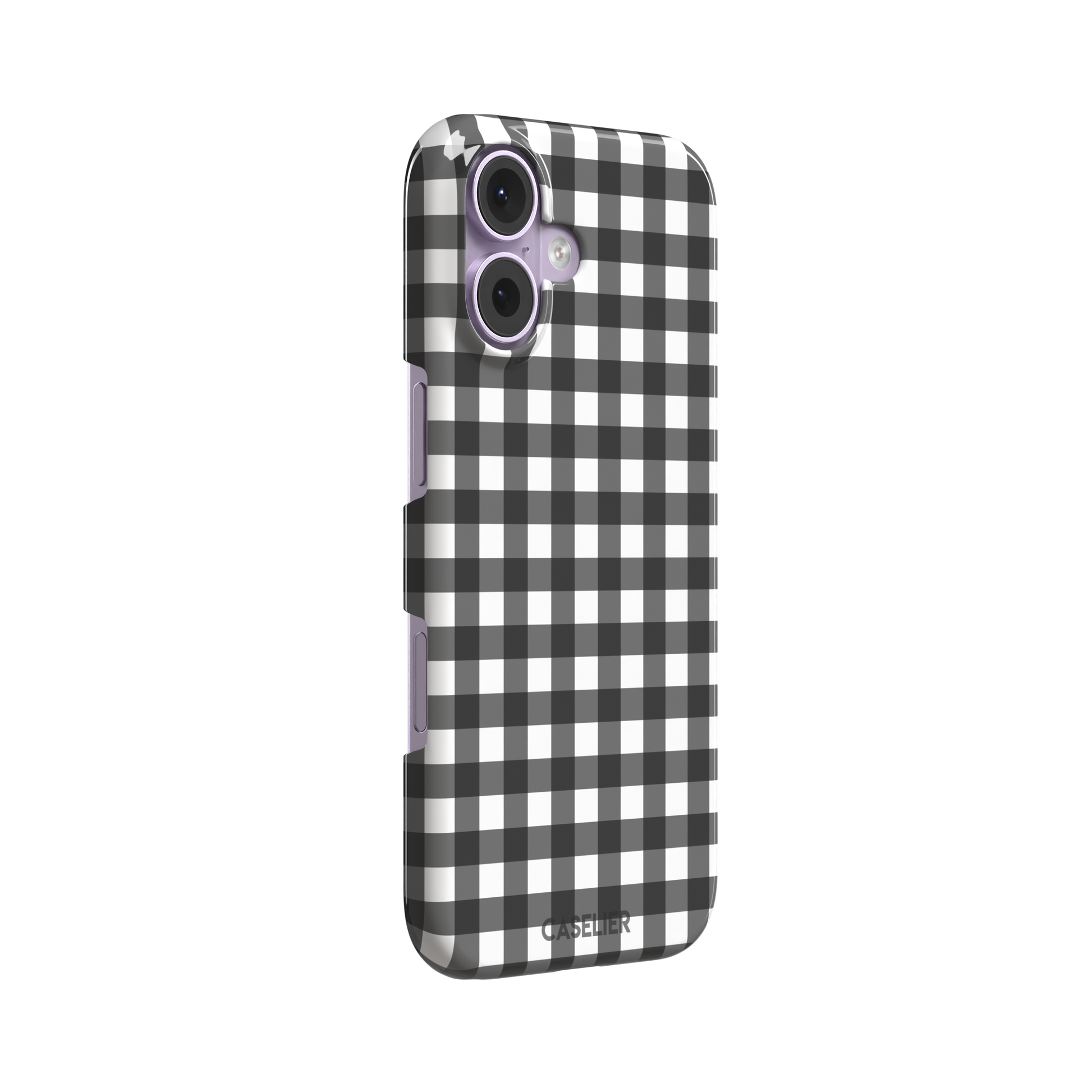 Plaid gingham check phone case in charcoal grey and white, phone case by Caselier — snap case, left view