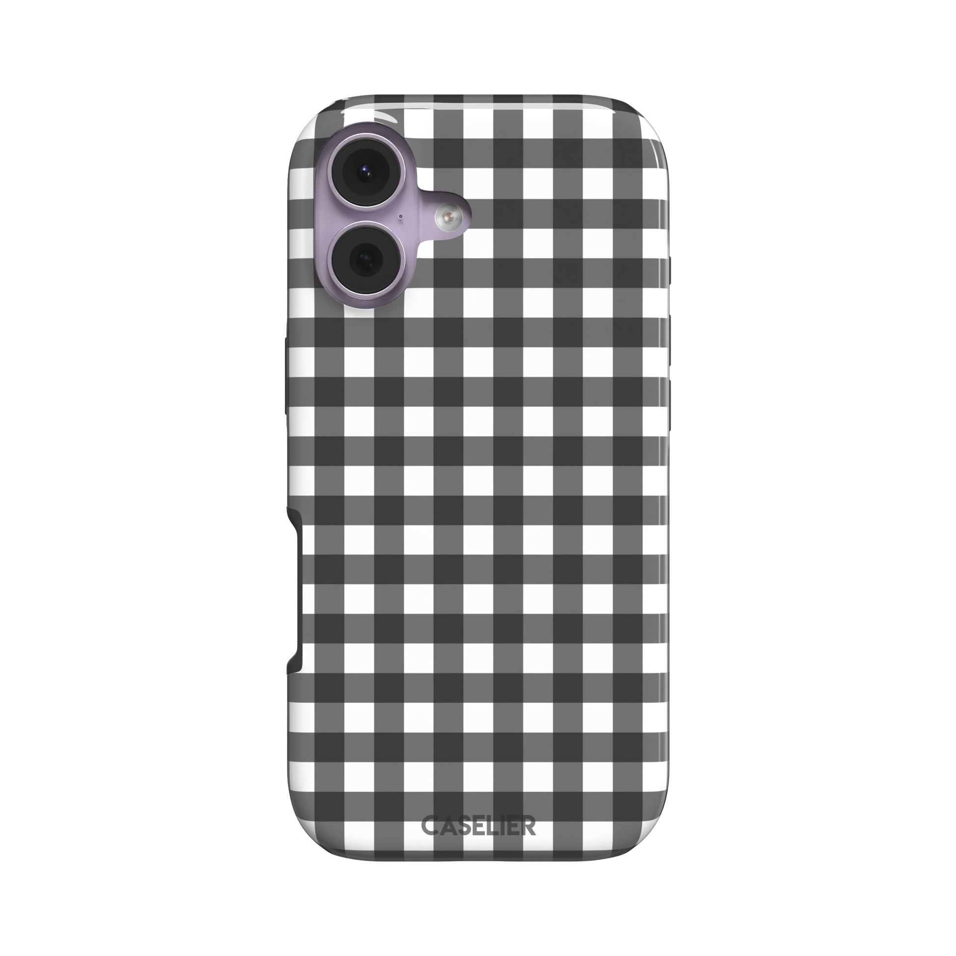 Plaid gingham check phone case in charcoal grey and white, phone case by Caselier — tough case, front view