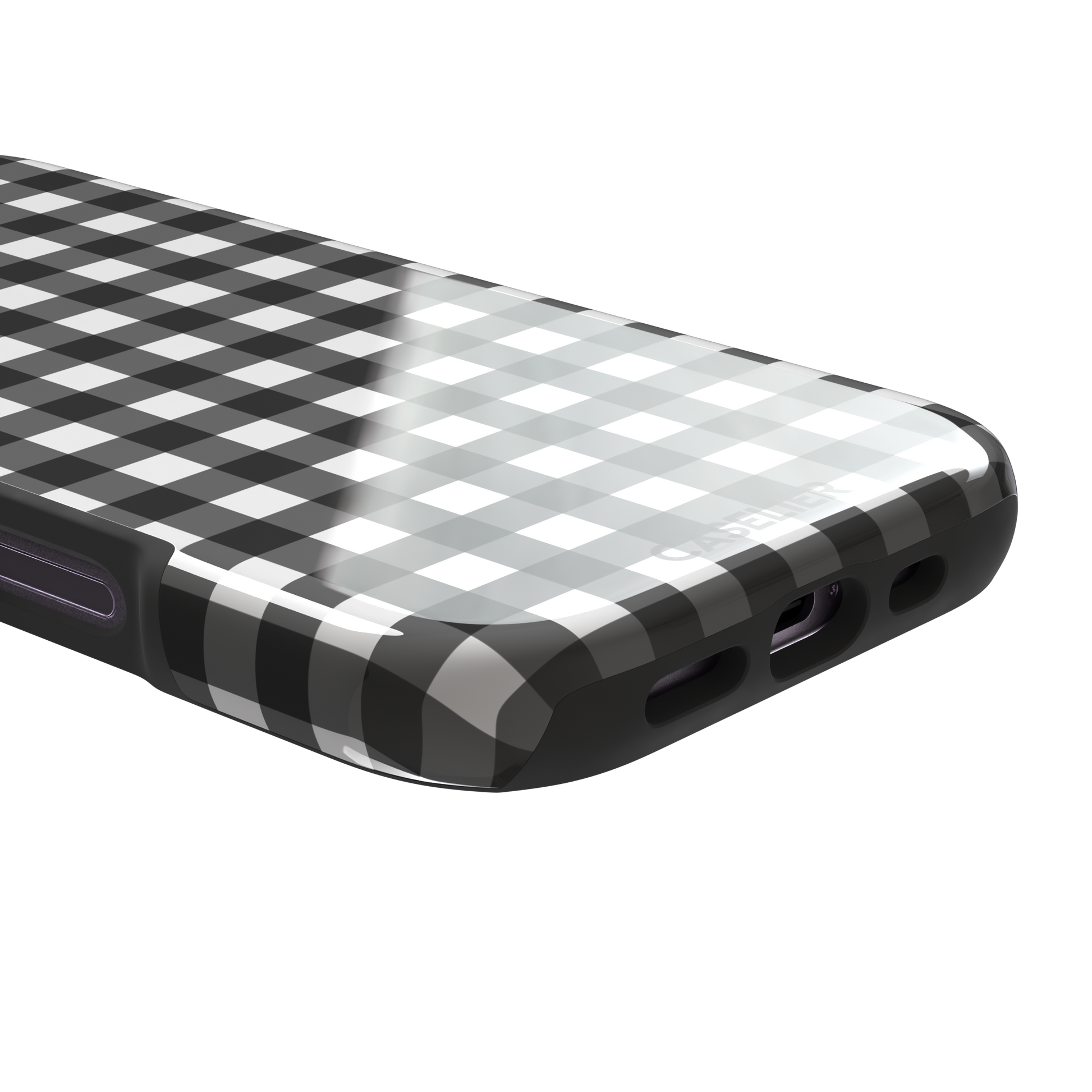 Plaid gingham check phone case in charcoal grey and white, phone case by Caselier — tough case, charging port detail