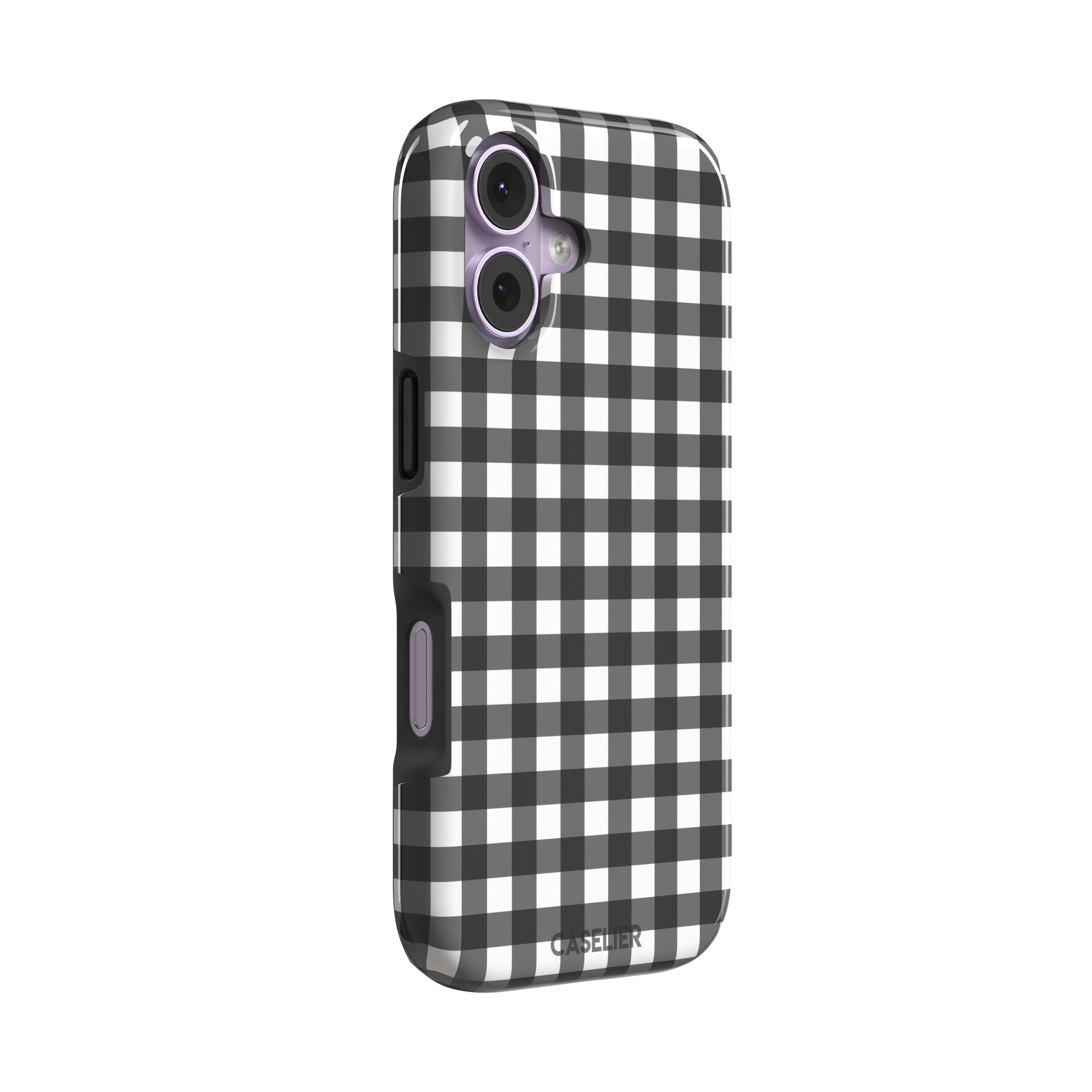 Plaid gingham check phone case in charcoal grey and white, phone case by Caselier — tough case, left view