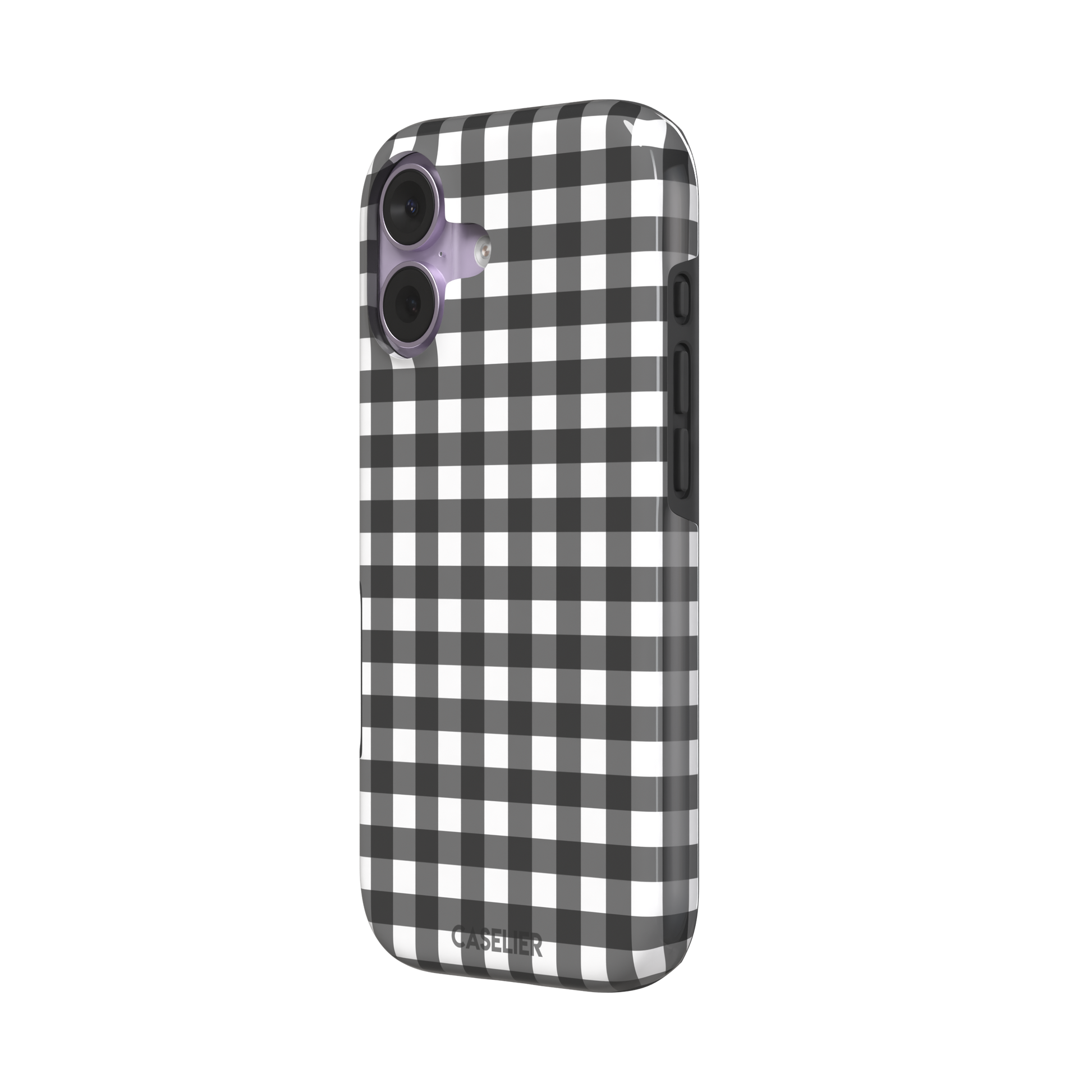 Plaid gingham check phone case in charcoal grey and white, phone case by Caselier — tough case, right view