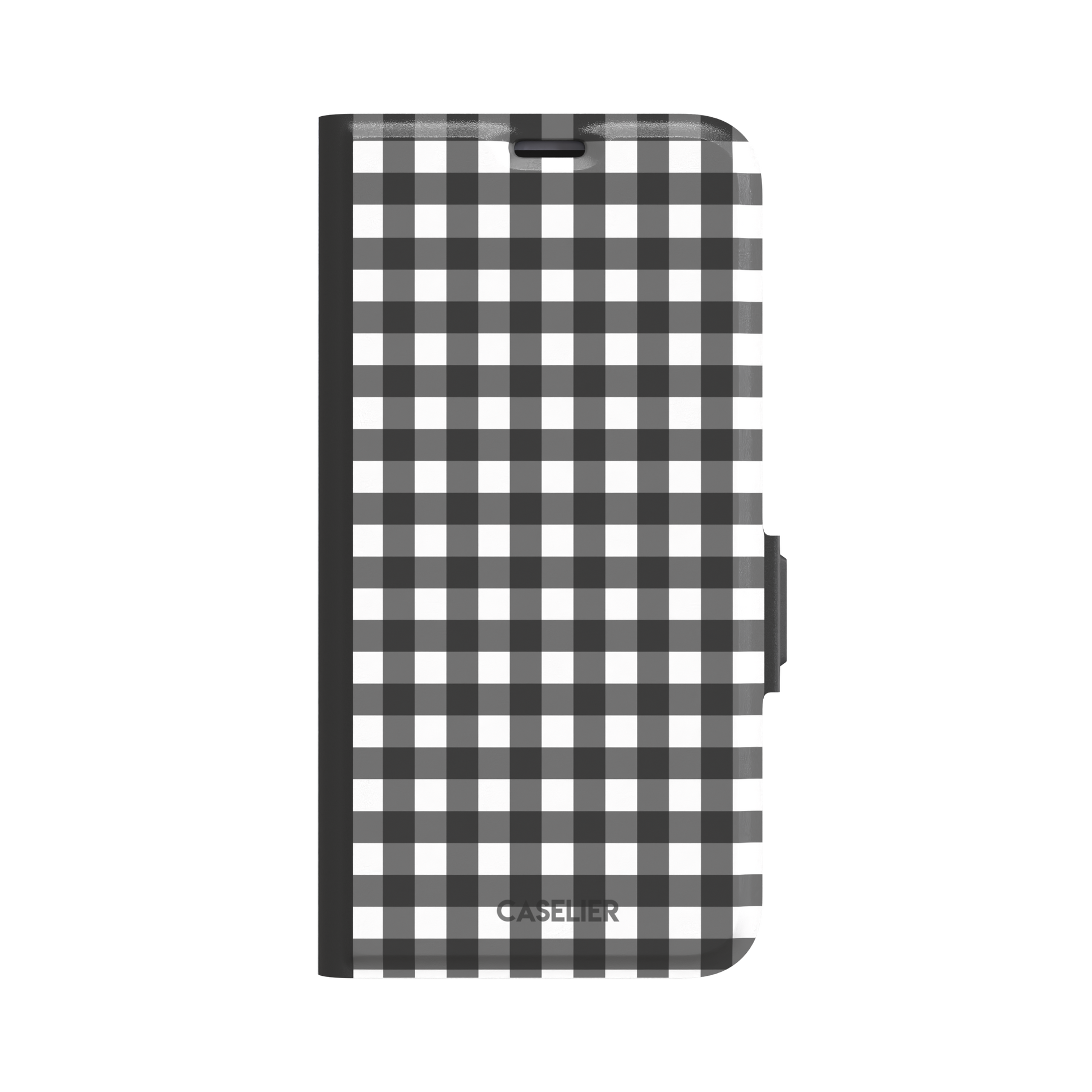 Plaid gingham check phone case in charcoal grey and white, phone case by Caselier — wallet case, front view