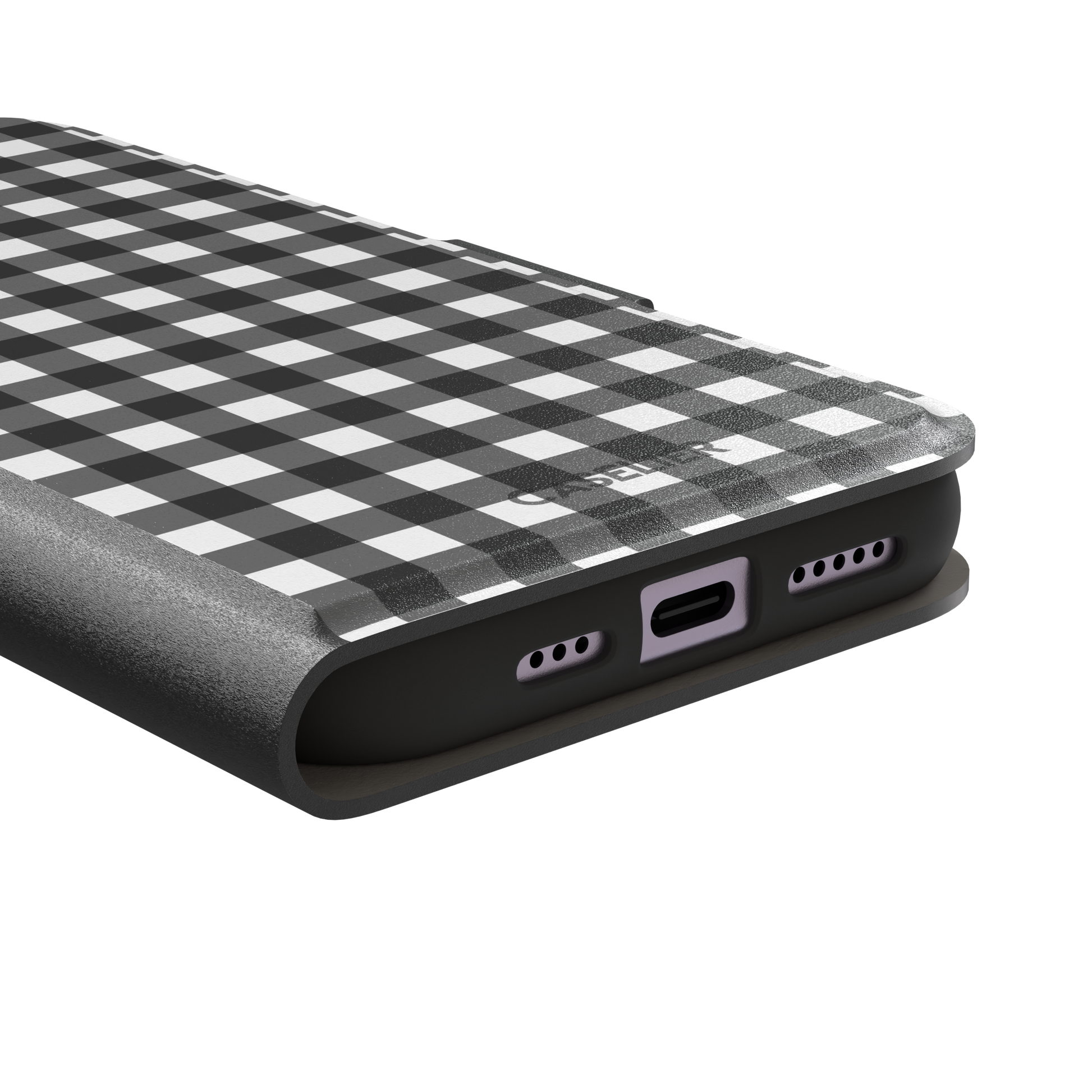 Plaid gingham check phone case in charcoal grey and white, phone case by Caselier — wallet case, charging port detail
