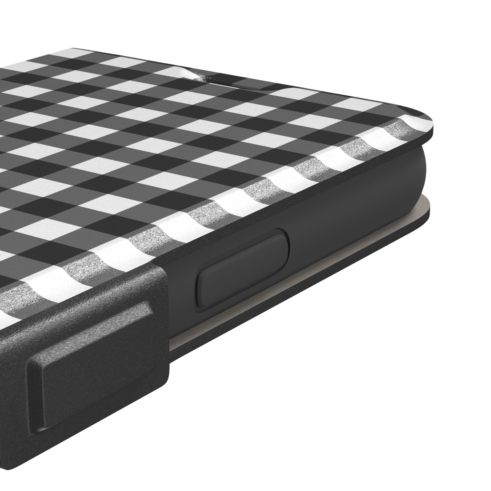 Plaid gingham check phone case in charcoal grey and white, phone case by Caselier — wallet case, volume buttons detail
