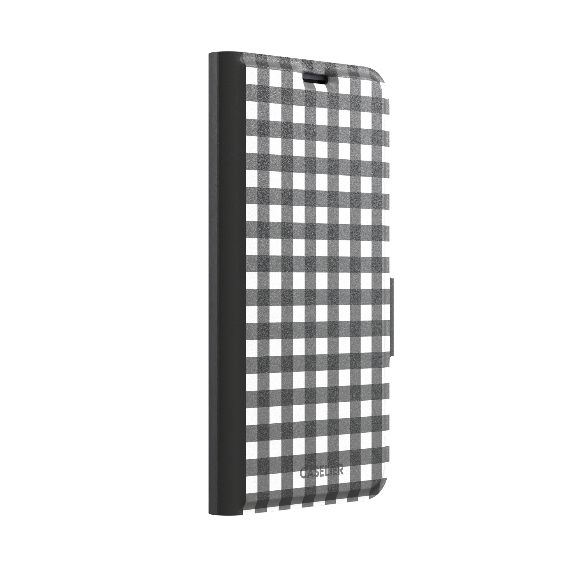 Plaid gingham check phone case in charcoal grey and white, phone case by Caselier — wallet case, left view