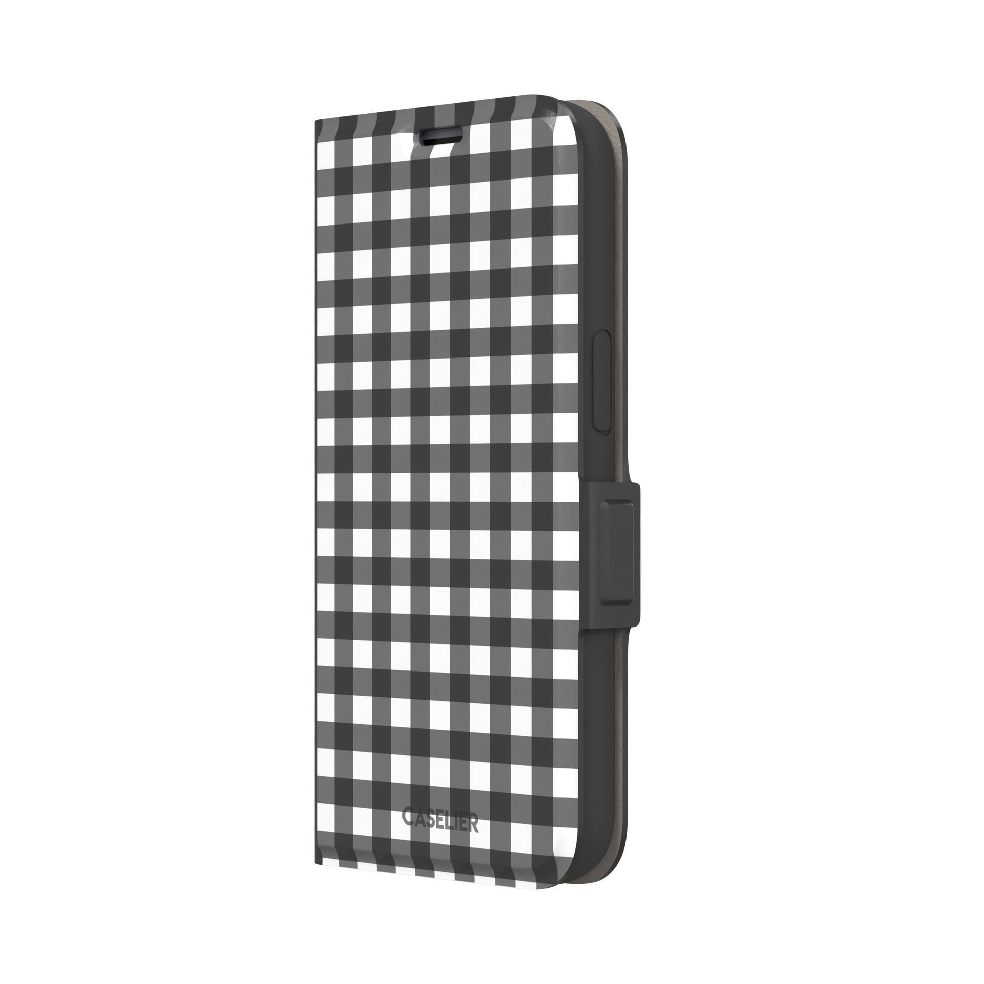 Plaid gingham check phone case in charcoal grey and white, phone case by Caselier — wallet case, right view