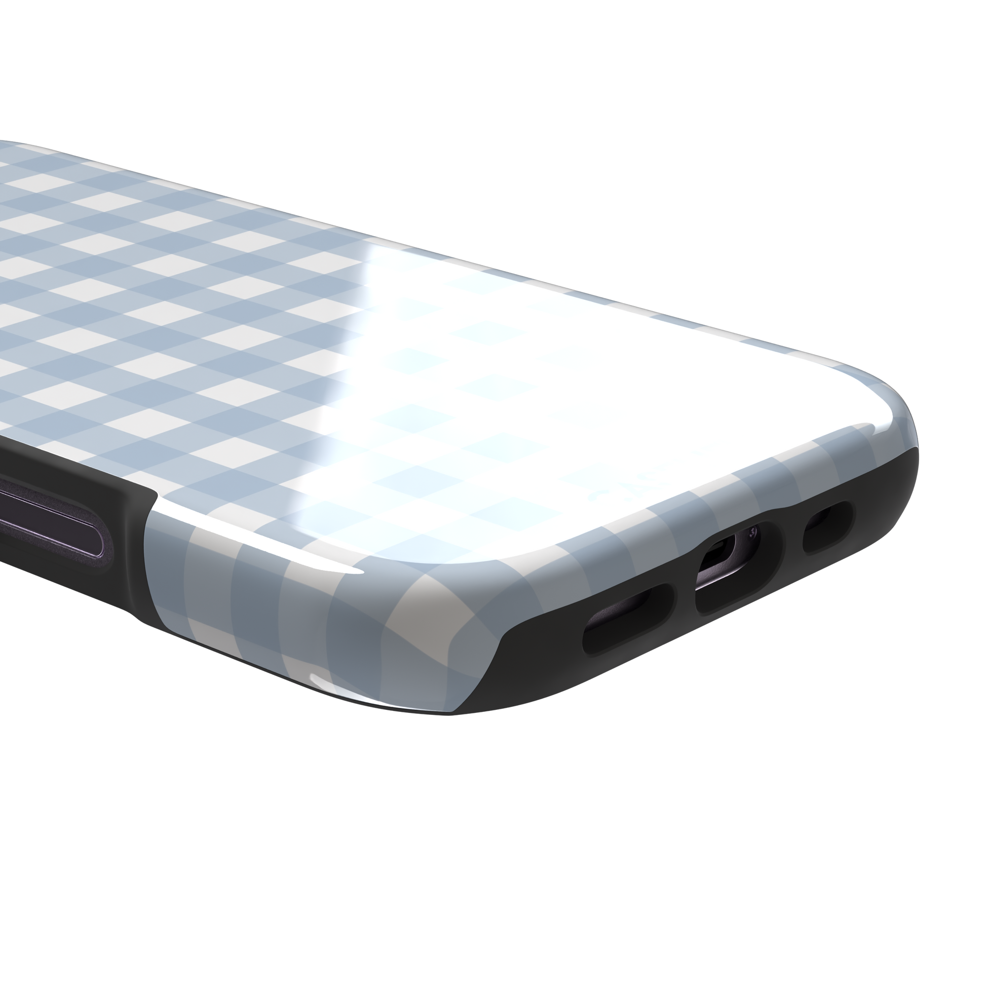 Plaid gingham check phone case in powder blue and white, phone case by Caselier — tough case, charging port detail