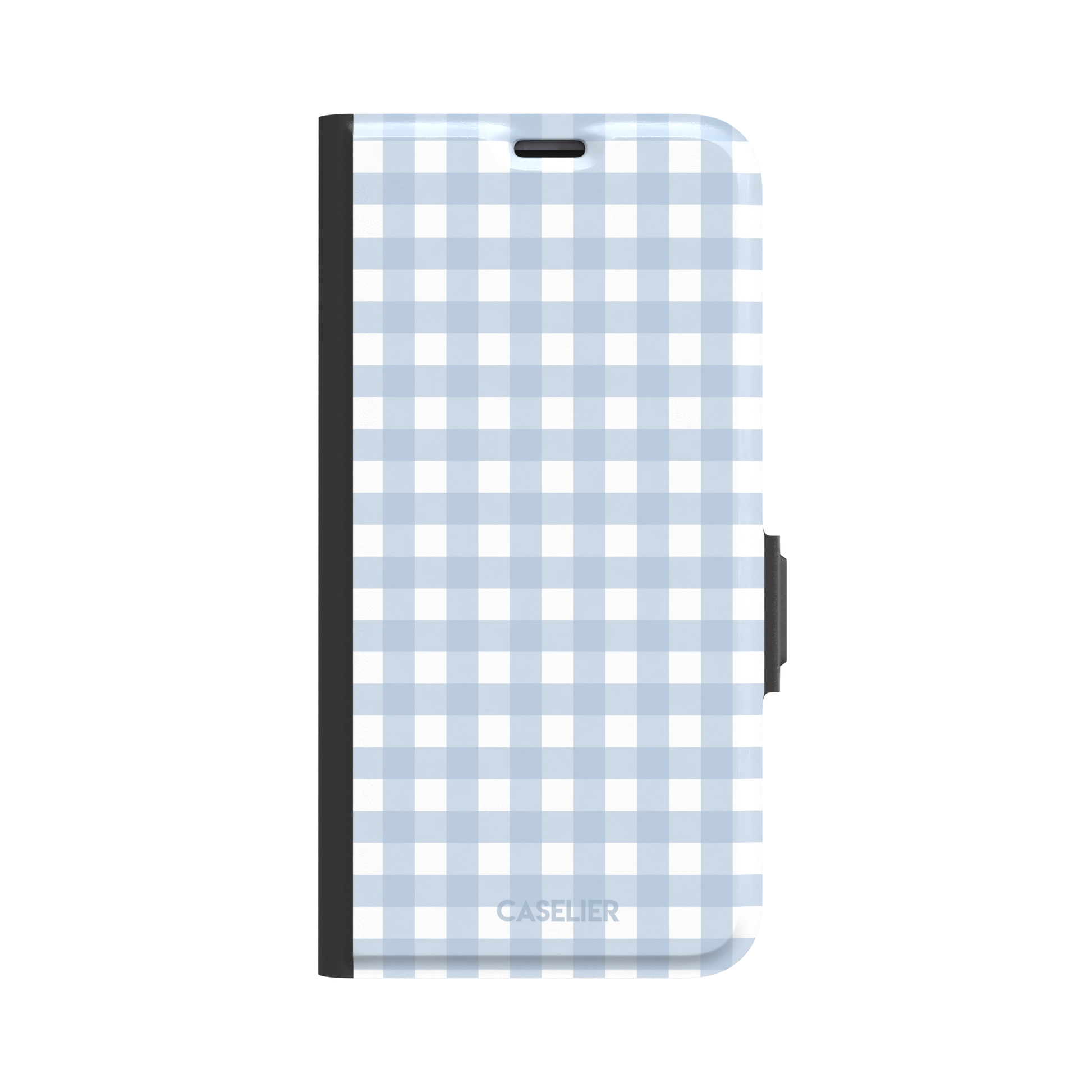 Plaid gingham check phone case in powder blue and white, phone case by Caselier — wallet case, front view
