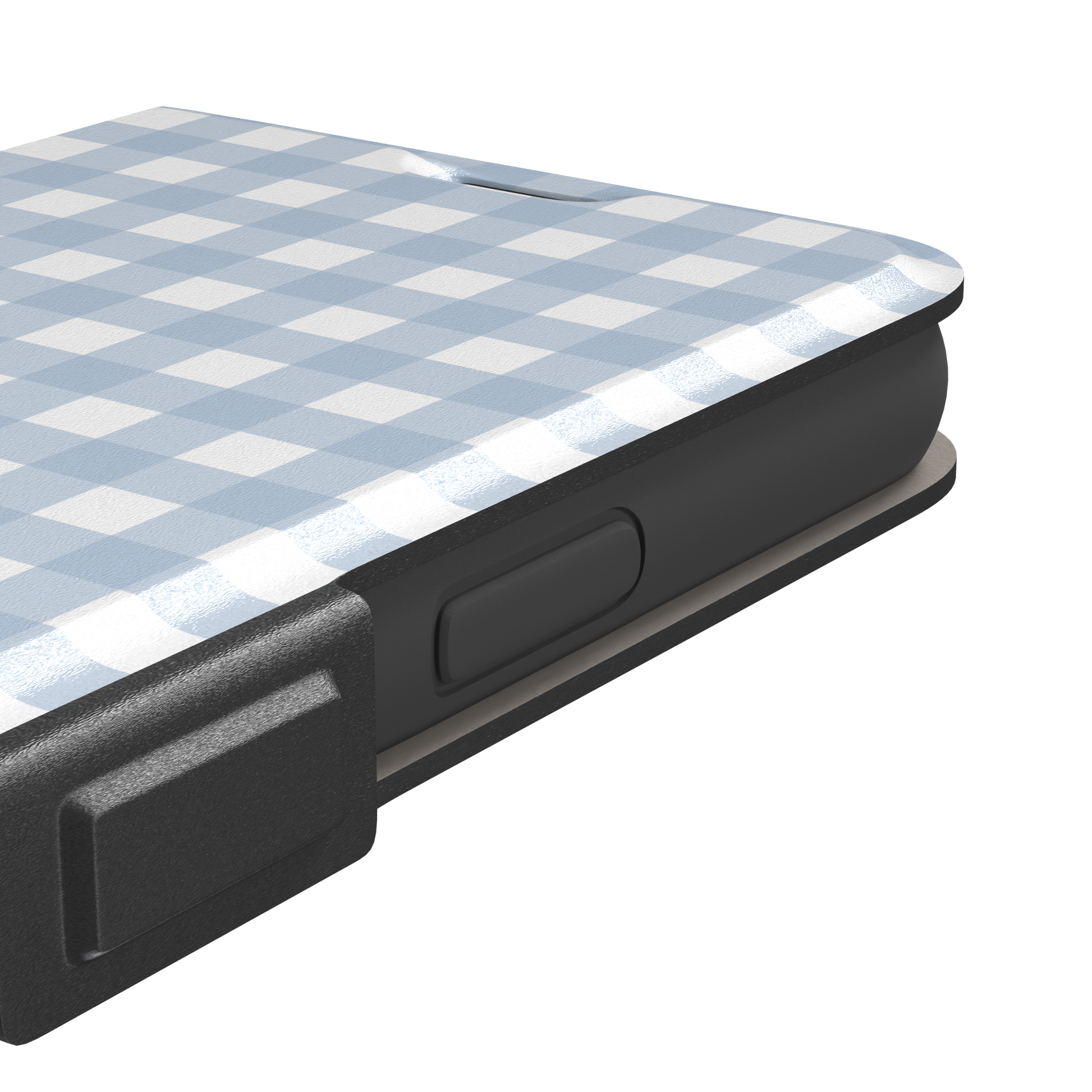 Plaid gingham check phone case in powder blue and white, phone case by Caselier — wallet case, volume buttons detail