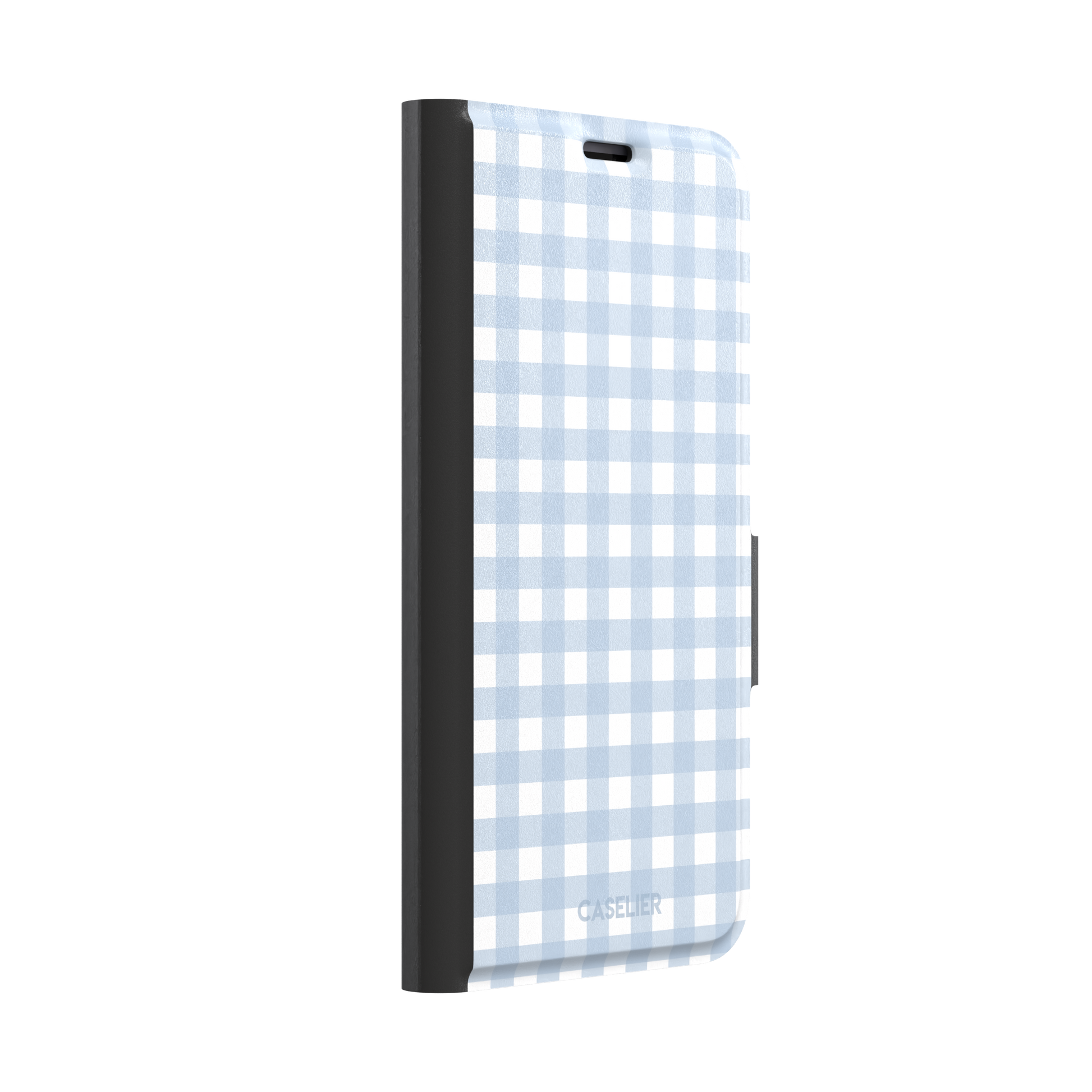 Plaid gingham check phone case in powder blue and white, phone case by Caselier — wallet case, left view