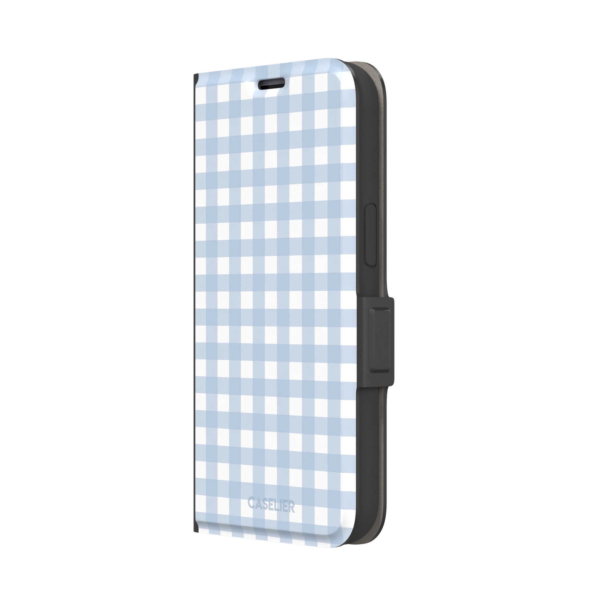 Plaid gingham check phone case in powder blue and white, phone case by Caselier — wallet case, right view