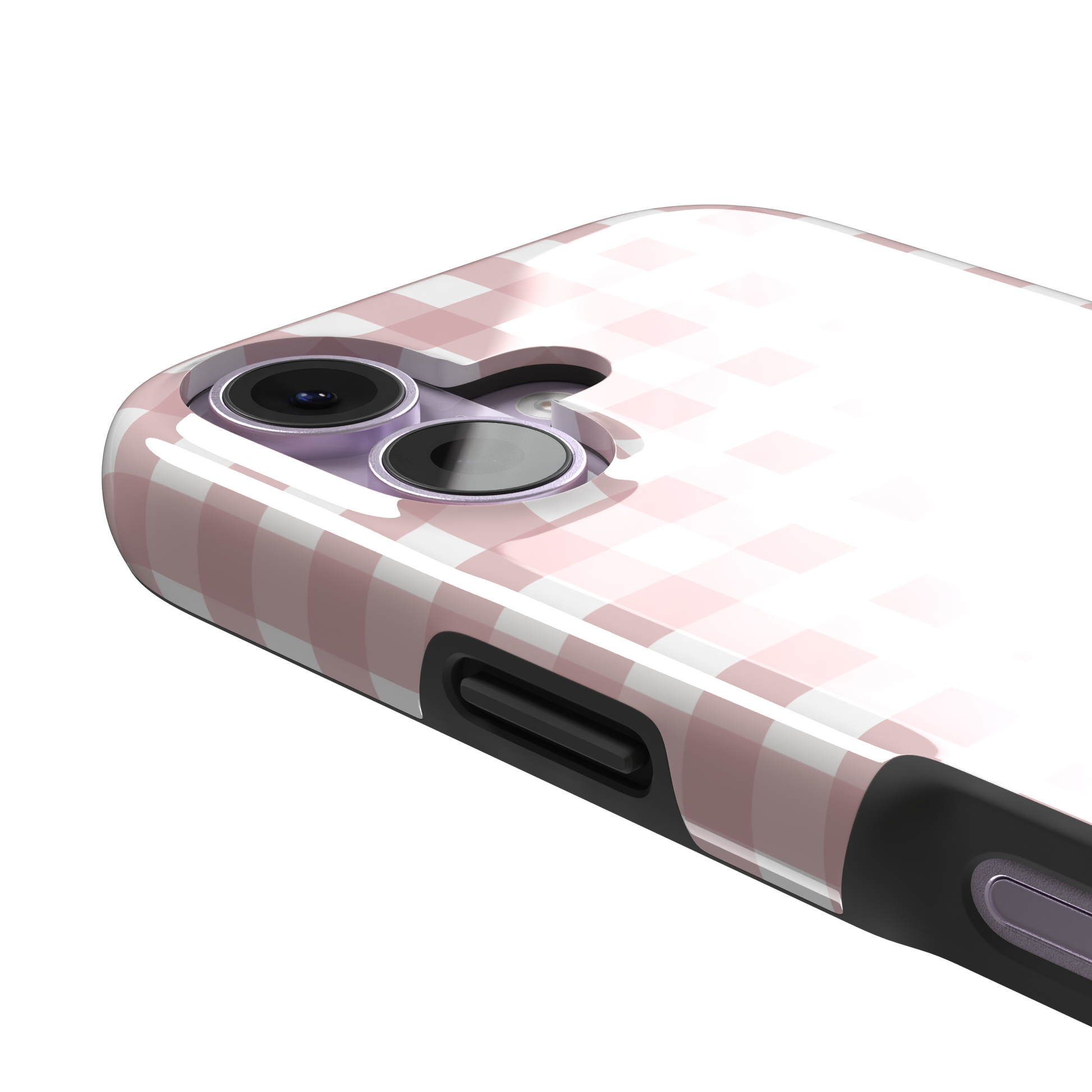 Plaid gingham check phone case in blush pink and white, phone case by Caselier — tough case, volume buttons detail