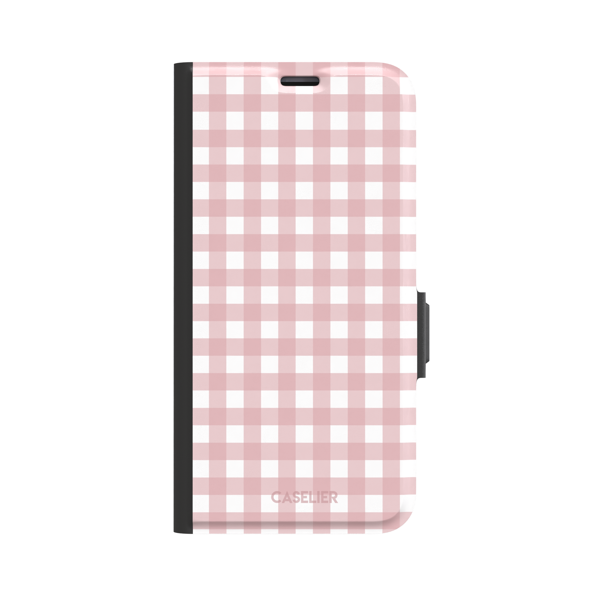 Plaid gingham check phone case in blush pink and white, phone case by Caselier — wallet case, front view