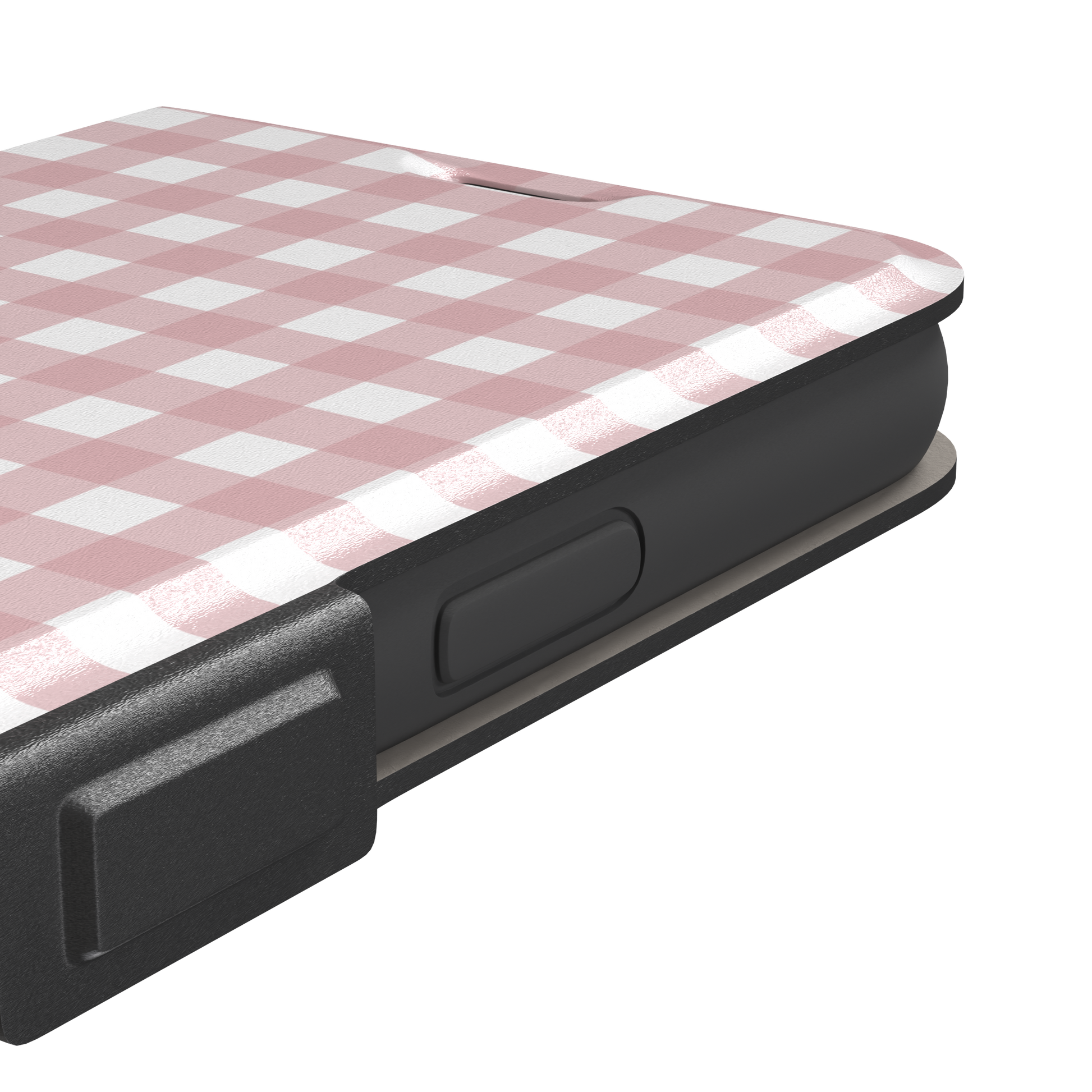 Plaid gingham check phone case in blush pink and white, phone case by Caselier — wallet case, volume buttons detail