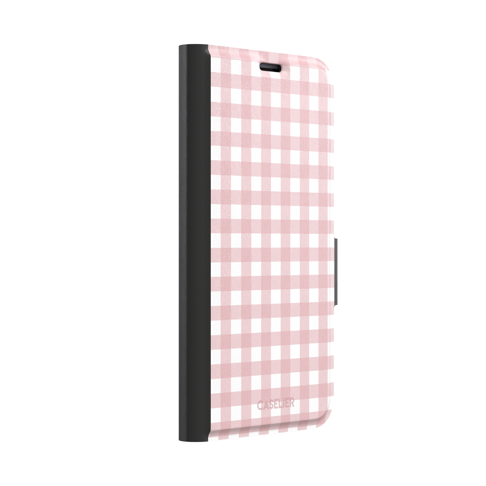 Plaid gingham check phone case in blush pink and white, phone case by Caselier — wallet case, left view