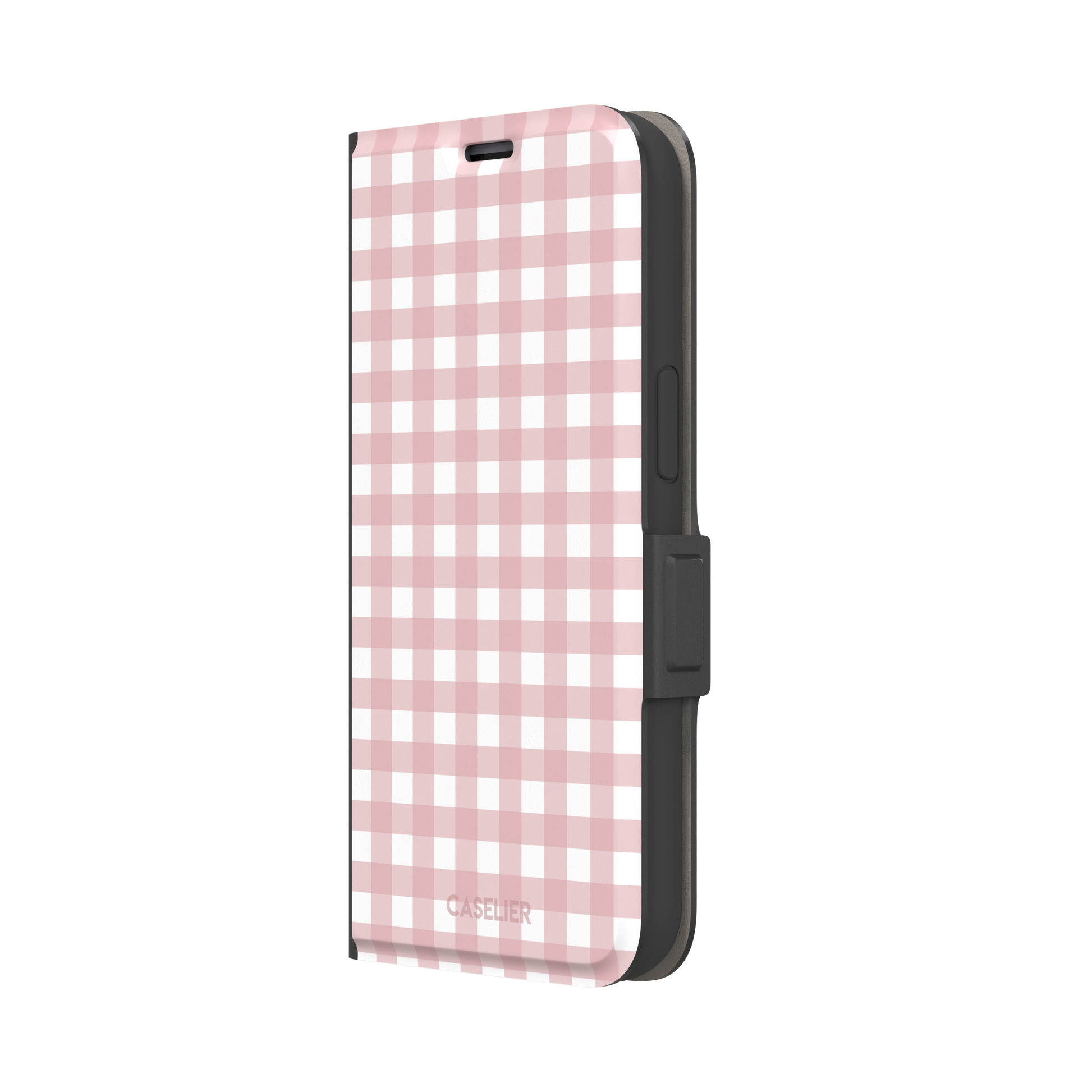Plaid gingham check phone case in blush pink and white, phone case by Caselier — wallet case, right view