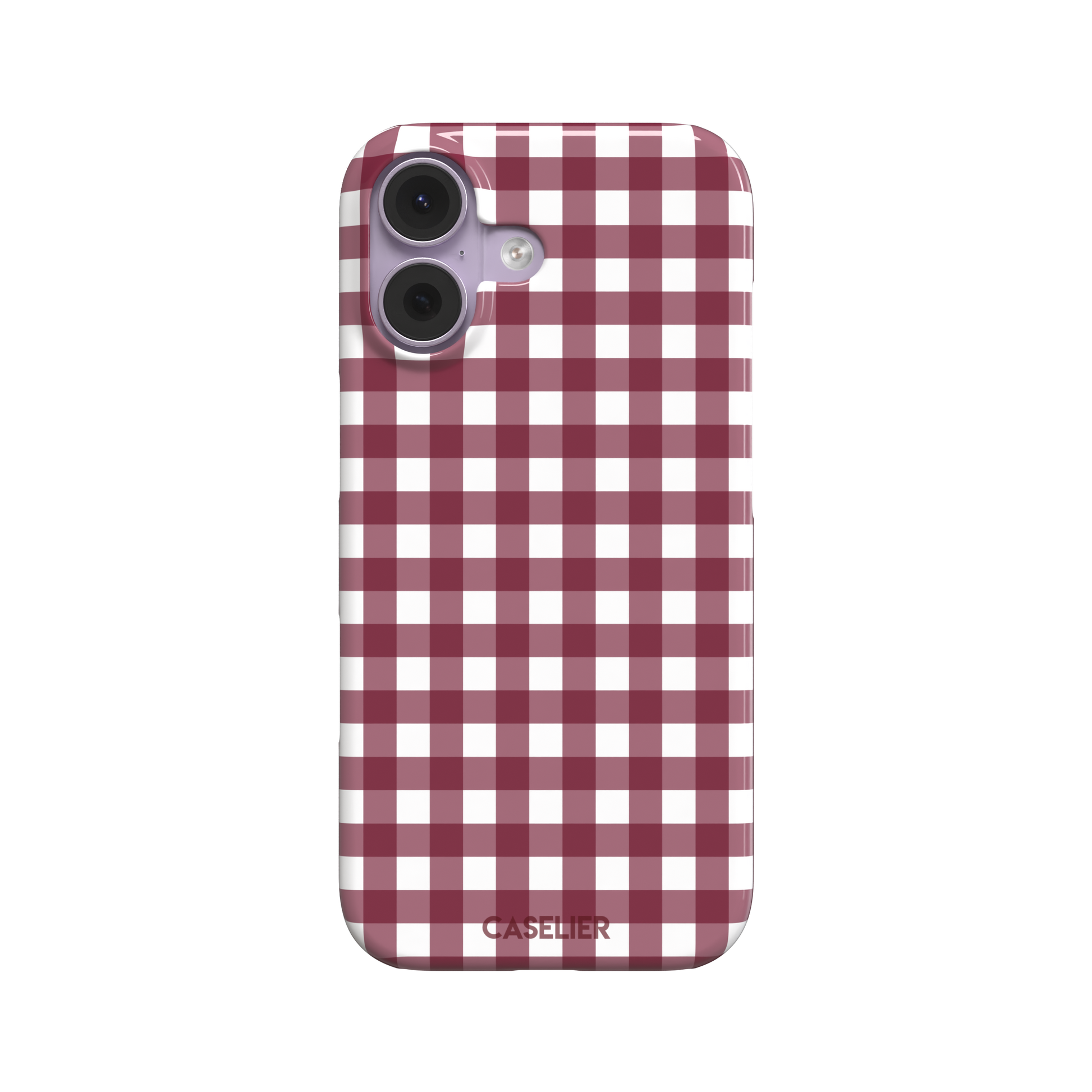 Plaid gingham check phone case in deep burgundy and white, phone case by Caselier — snap case, front view