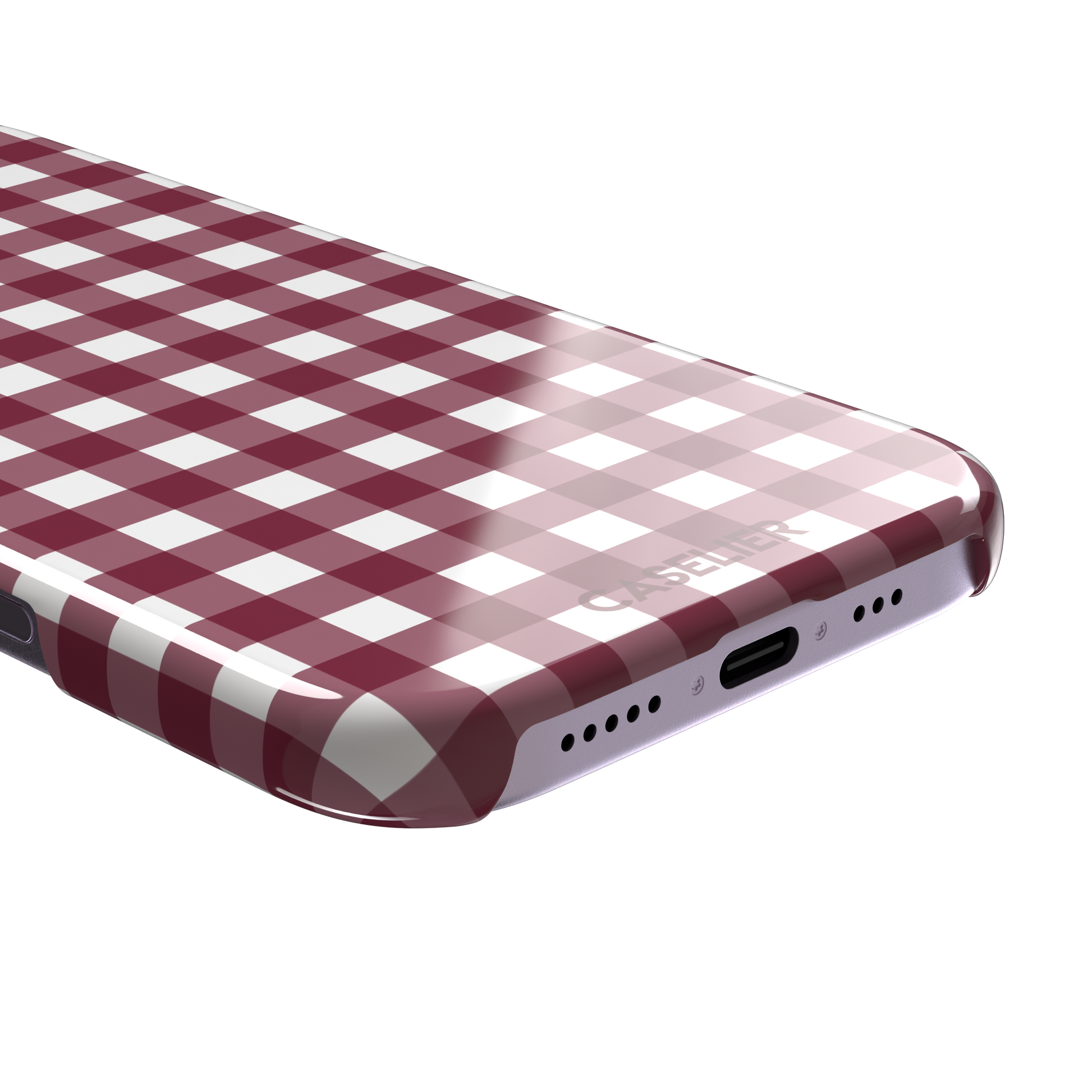 Plaid gingham check phone case in deep burgundy and white, phone case by Caselier — snap case, charging port detail