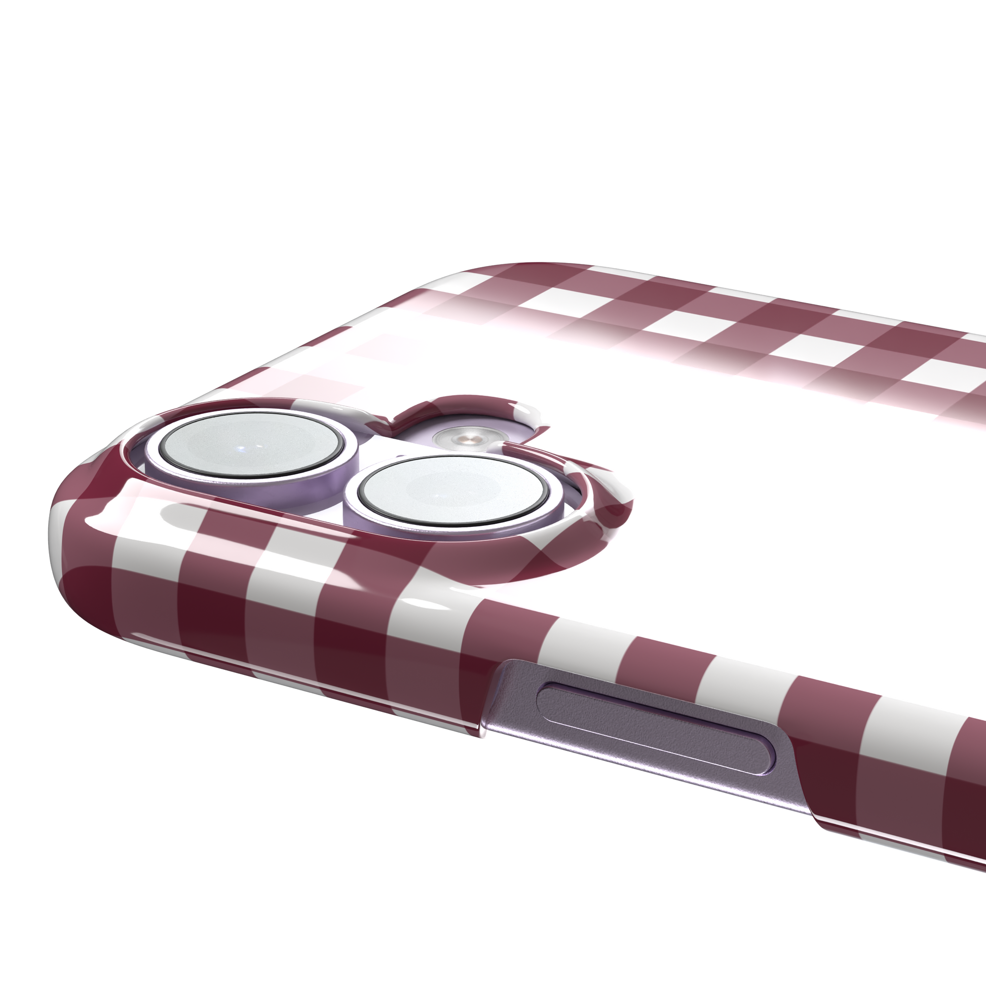 Plaid gingham check phone case in deep burgundy and white, phone case by Caselier — snap case, volume buttons detail