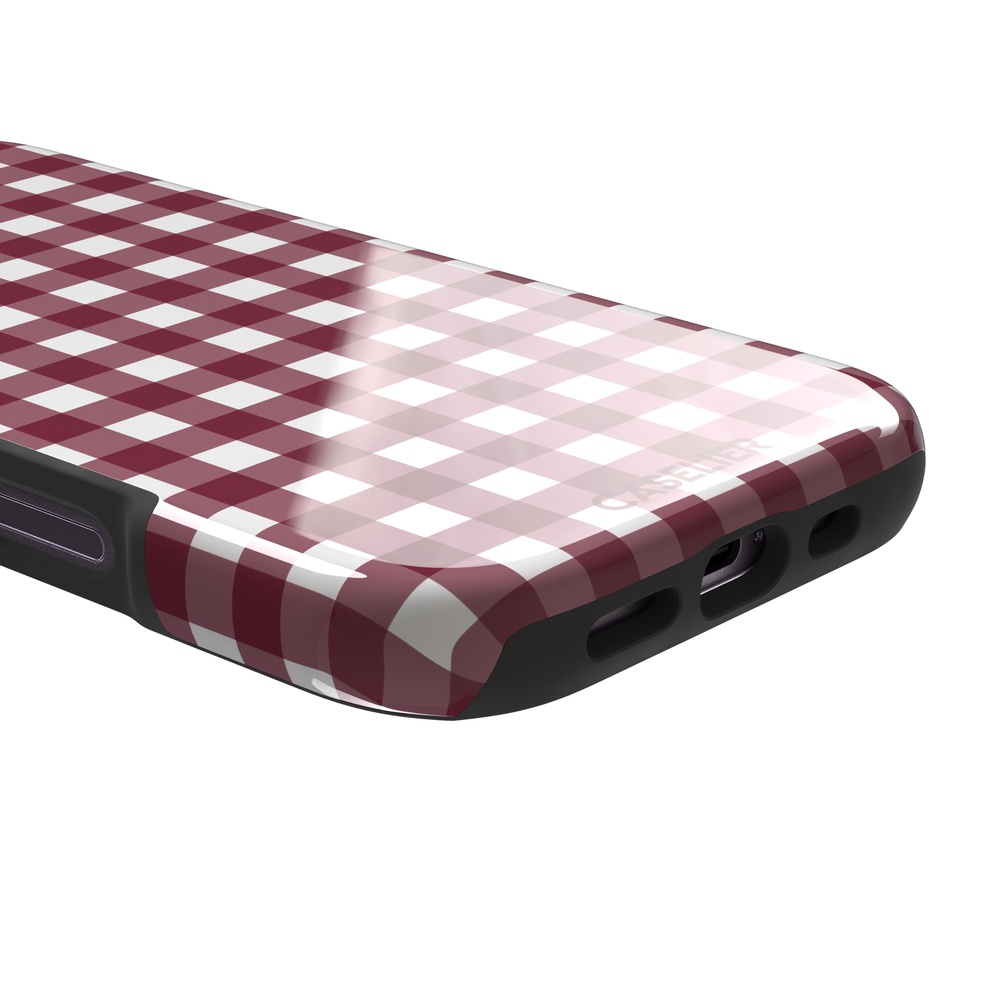 Plaid gingham check phone case in deep burgundy and white, phone case by Caselier — tough case, charging port detail