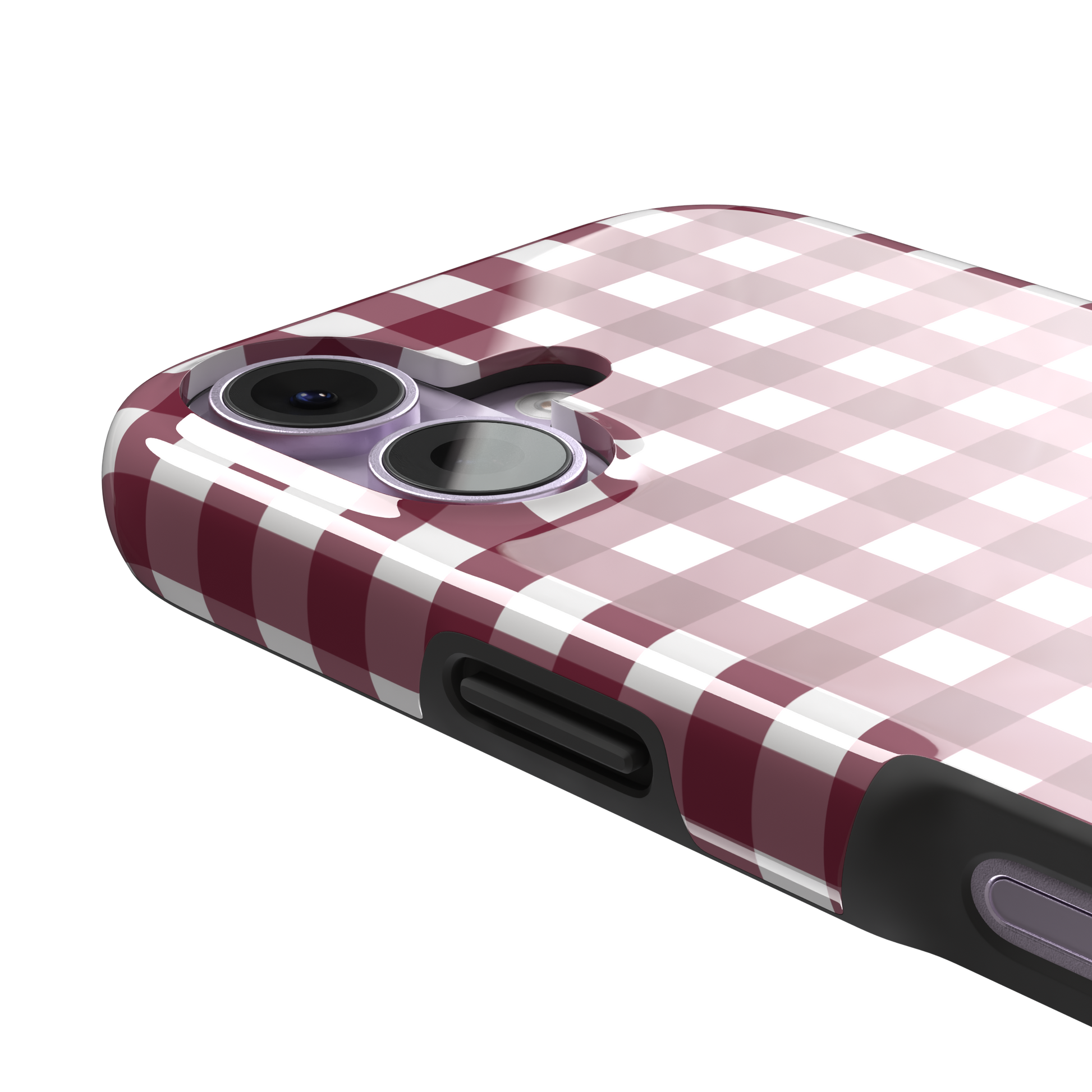 Plaid gingham check phone case in deep burgundy and white, phone case by Caselier — tough case, volume buttons detail