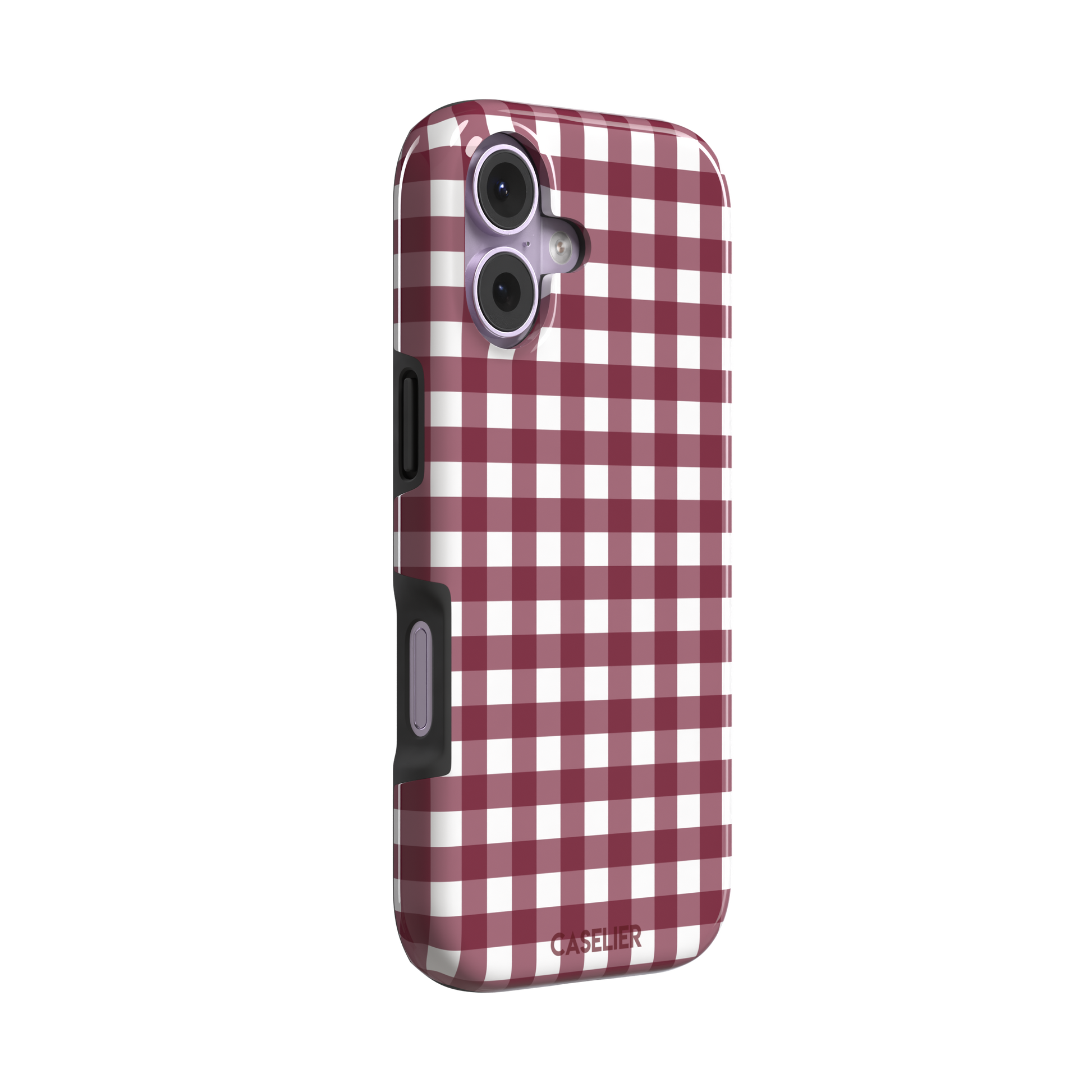 Plaid gingham check phone case in deep burgundy and white, phone case by Caselier — tough case, left view