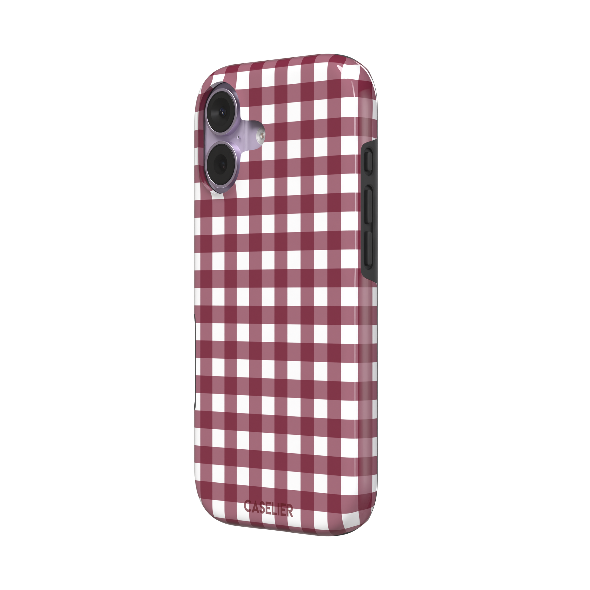 Plaid gingham check phone case in deep burgundy and white, phone case by Caselier — tough case, right view