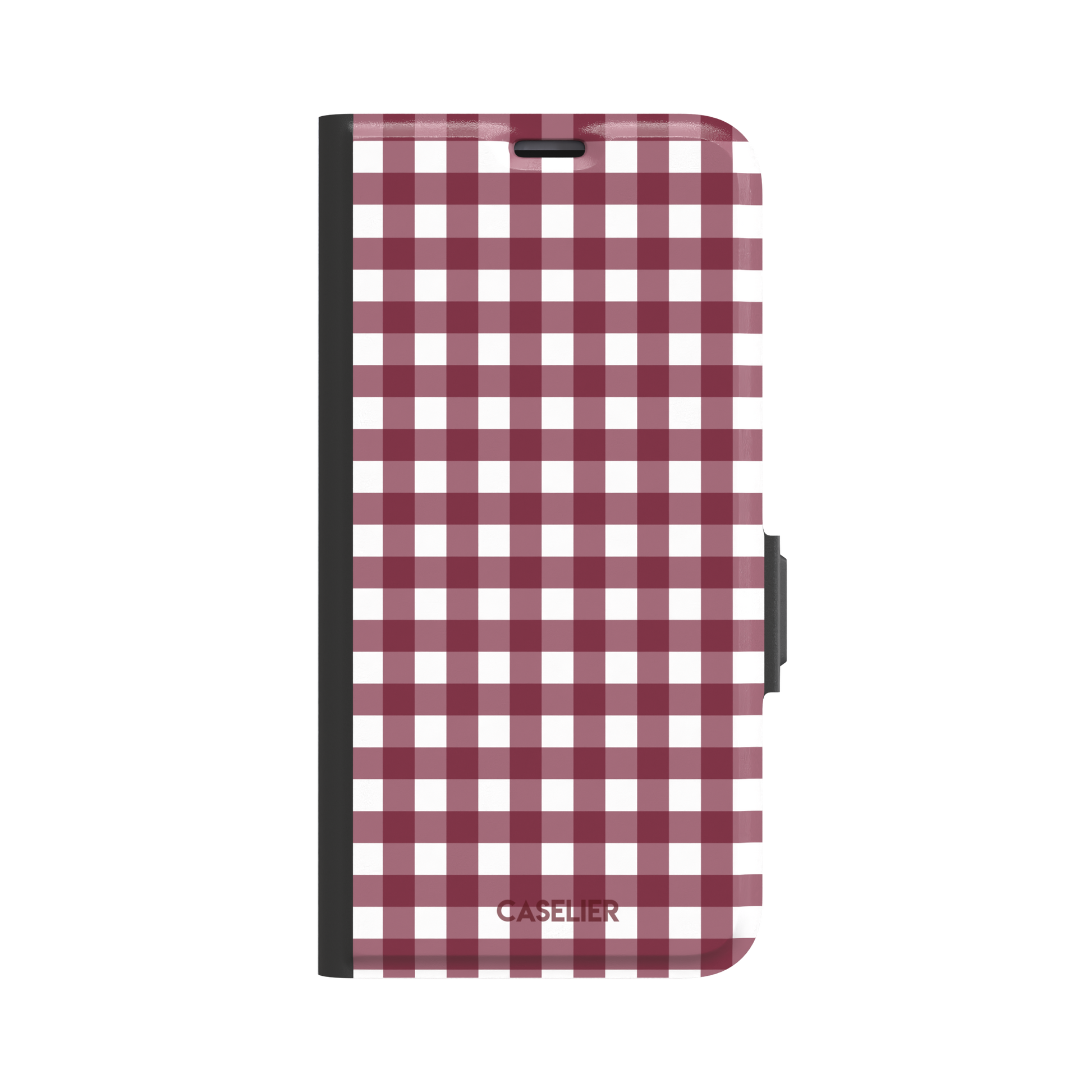 Plaid gingham check phone case in deep burgundy and white, phone case by Caselier — wallet case, front view