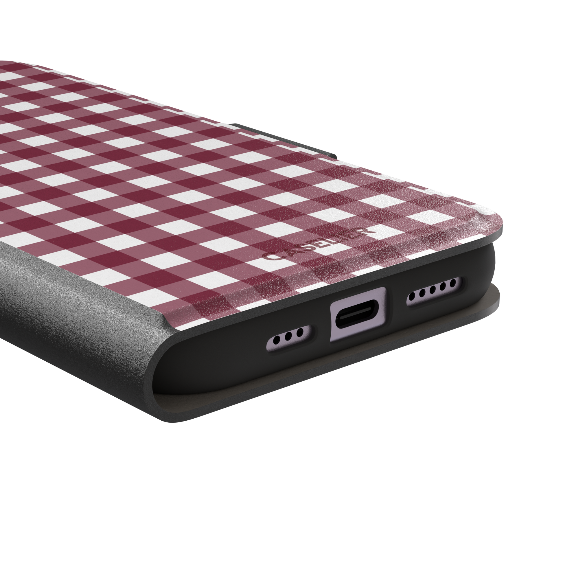 Plaid gingham check phone case in deep burgundy and white, phone case by Caselier — wallet case, charging port detail