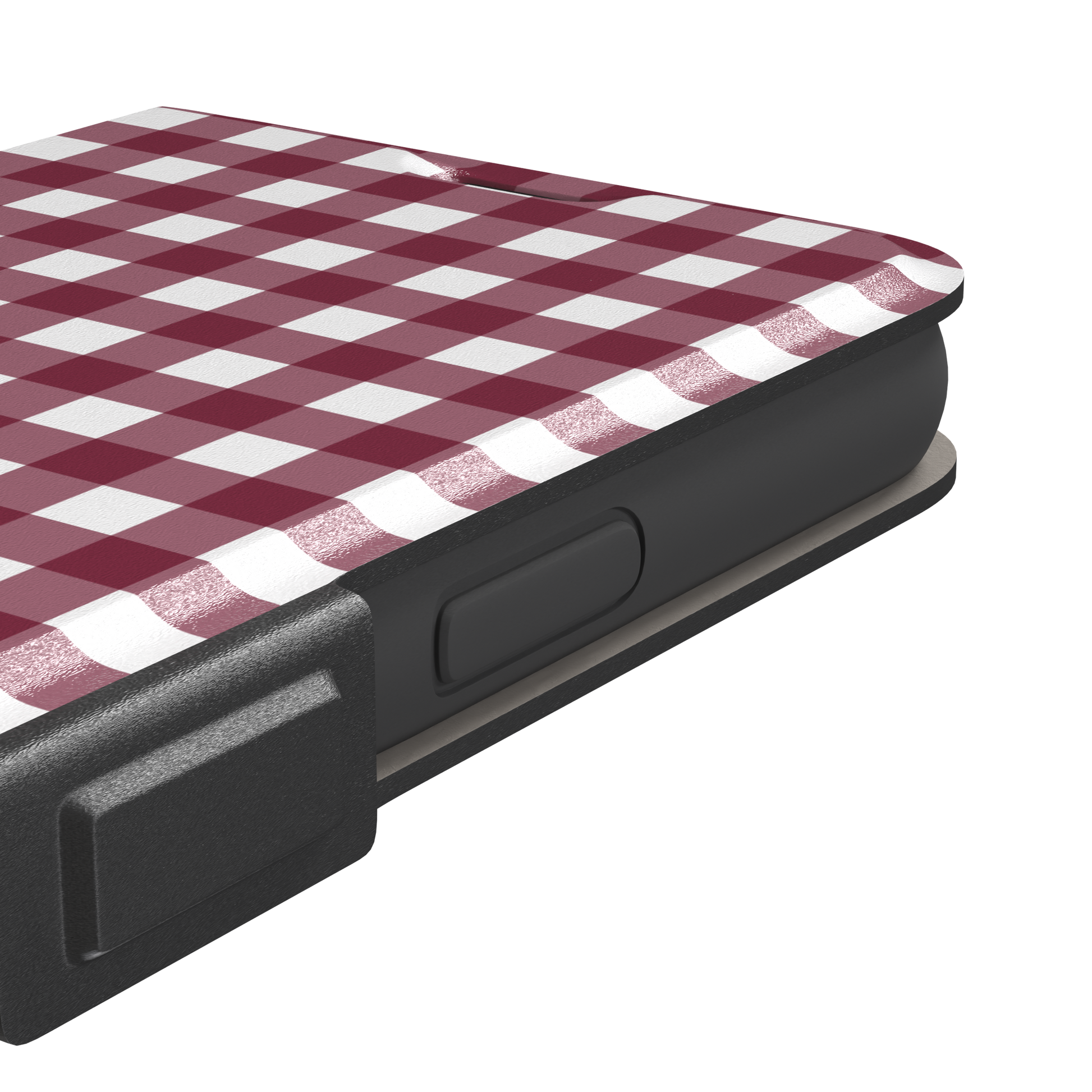 Plaid gingham check phone case in deep burgundy and white, phone case by Caselier — wallet case, volume buttons detail
