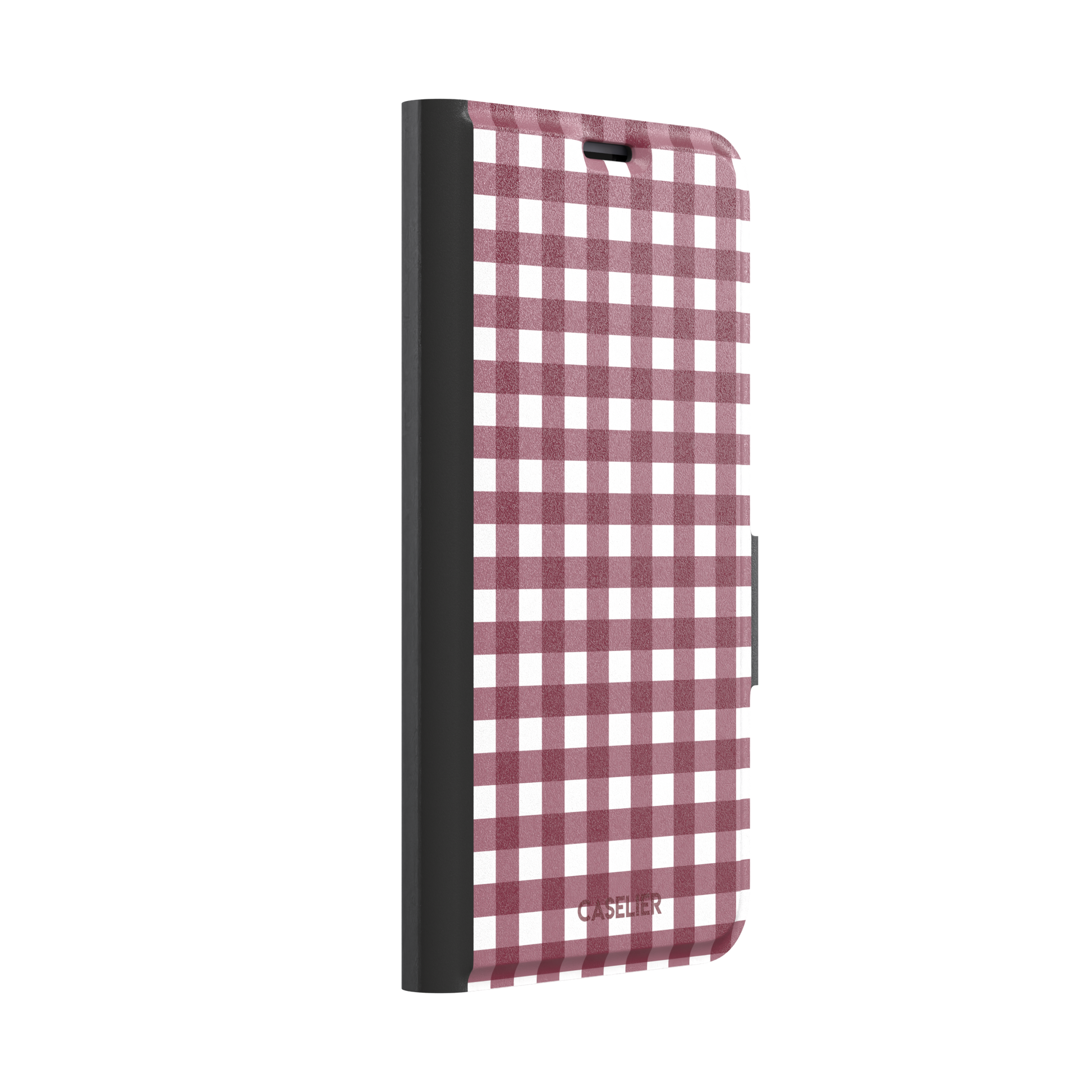 Plaid gingham check phone case in deep burgundy and white, phone case by Caselier — wallet case, left view