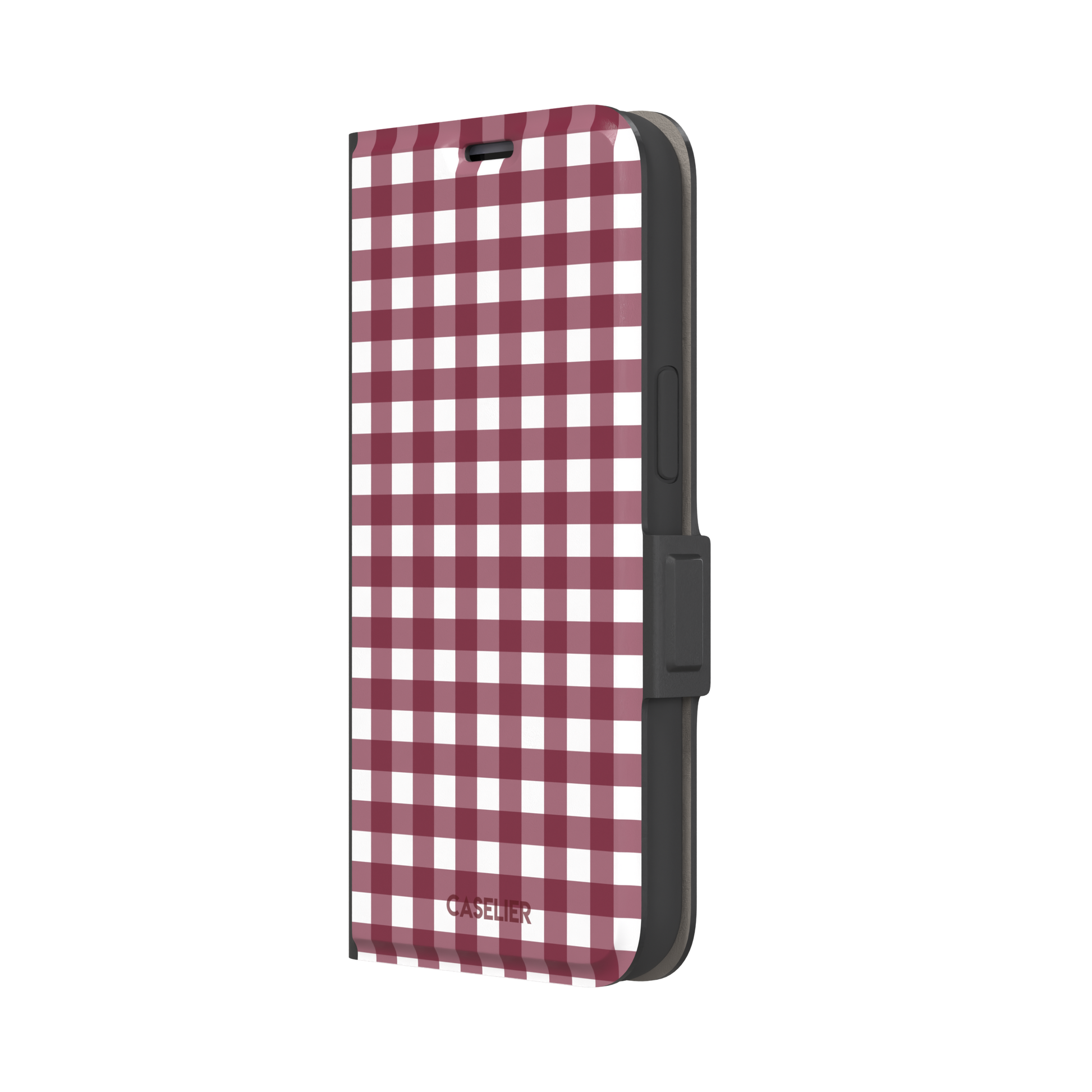Plaid gingham check phone case in deep burgundy and white, phone case by Caselier — wallet case, right view