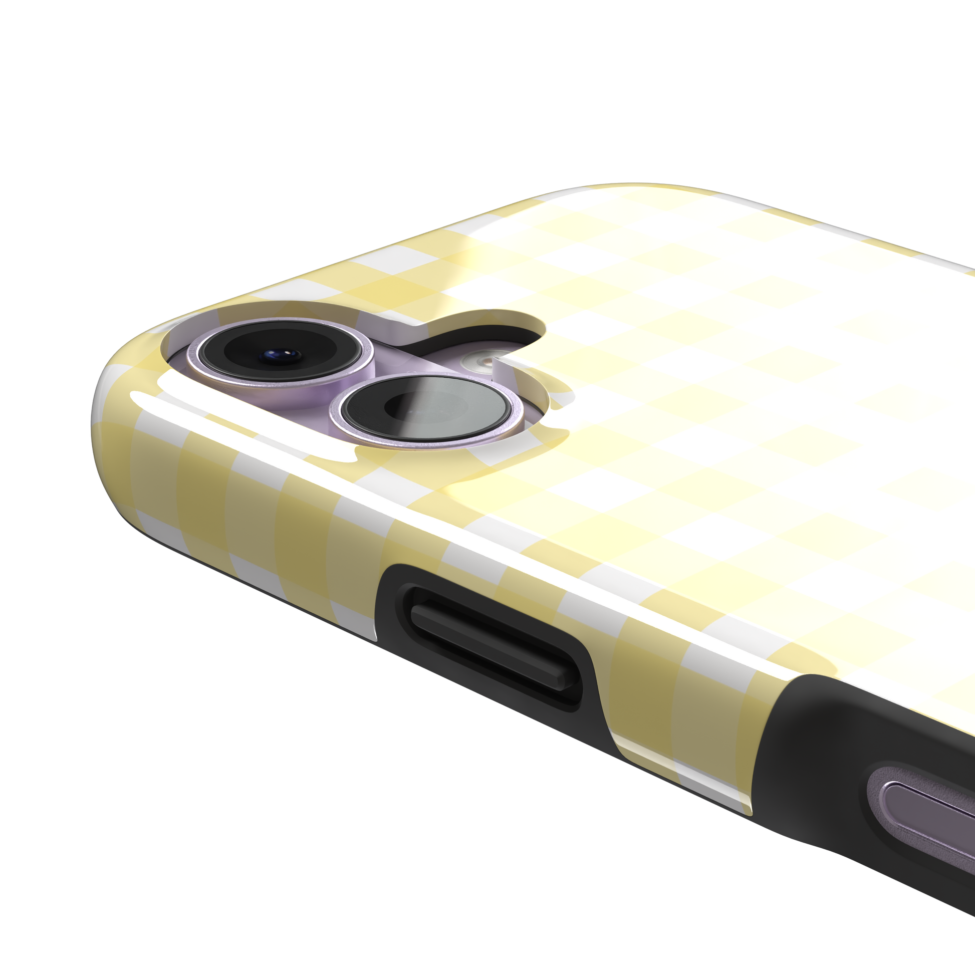Plaid gingham check phone case in pastel yellow and white, phone case by Caselier — tough case, volume buttons detail