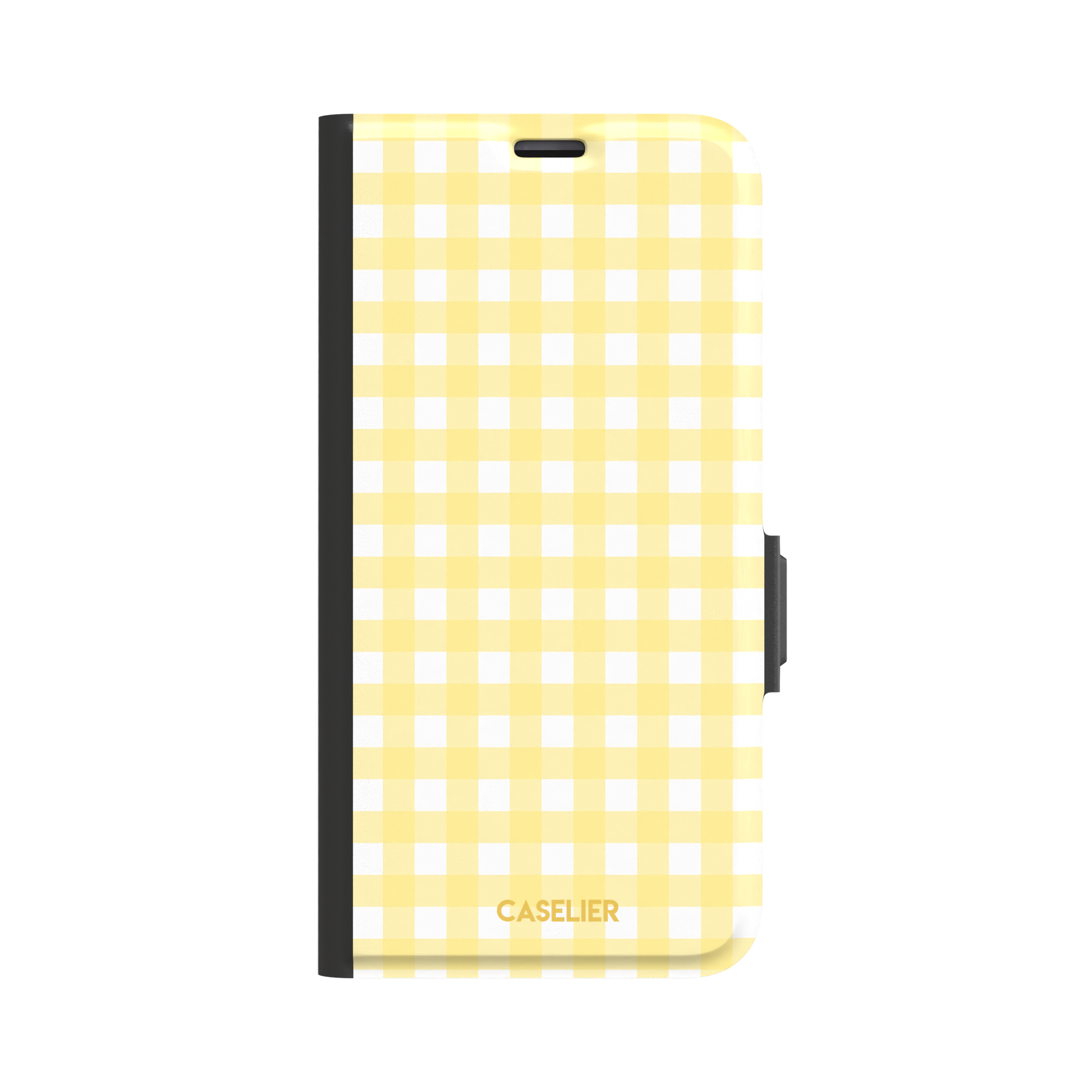 Plaid gingham check phone case in pastel yellow and white, phone case by Caselier — wallet case, front view