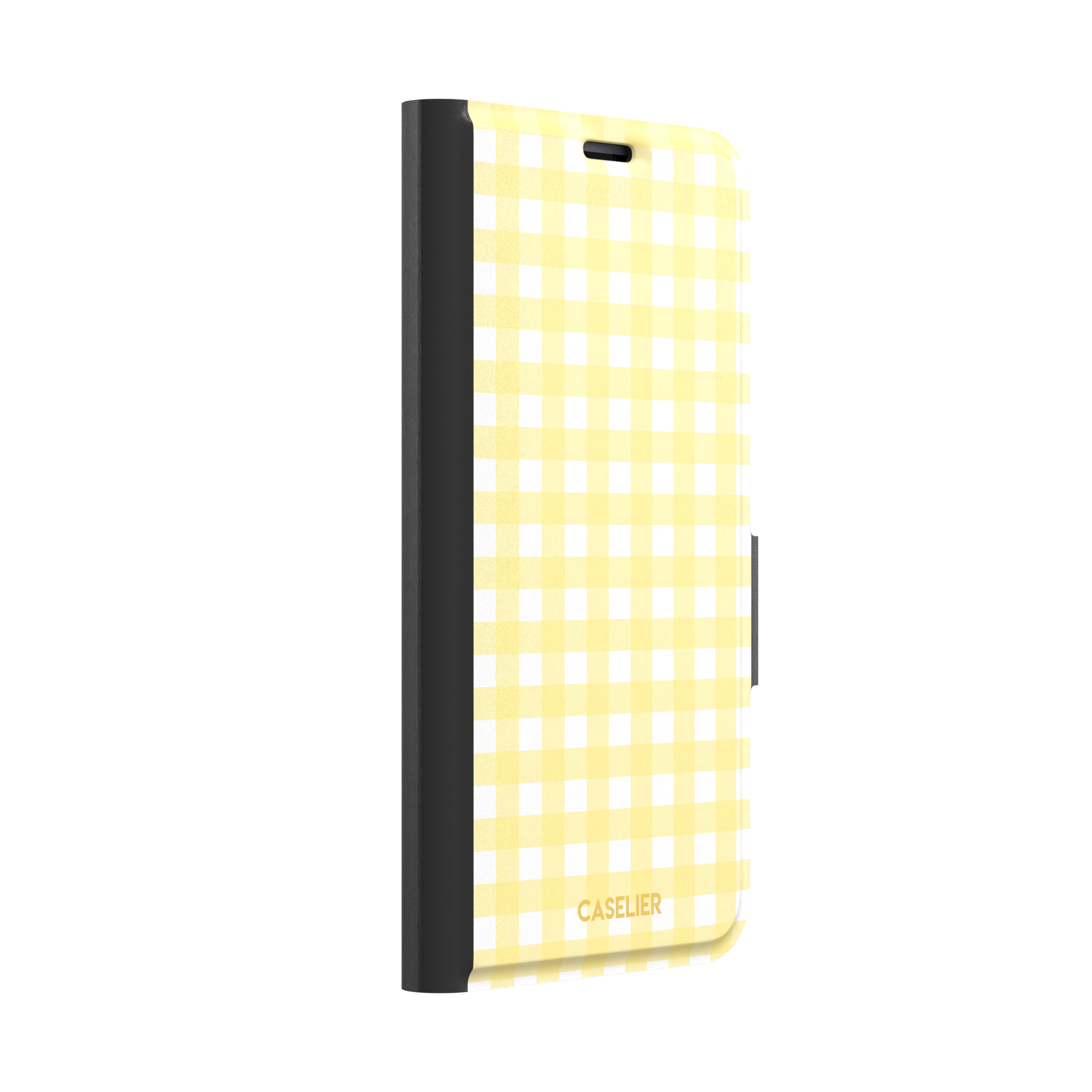 Plaid gingham check phone case in pastel yellow and white, phone case by Caselier — wallet case, left view