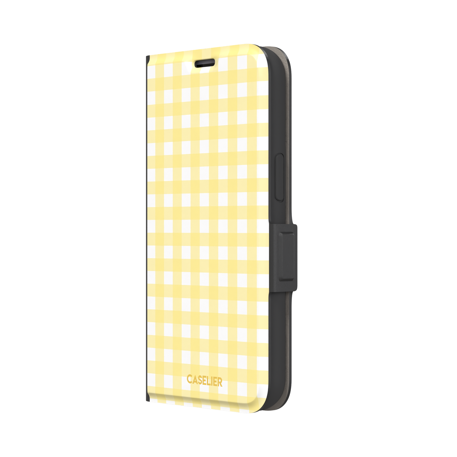 Plaid gingham check phone case in pastel yellow and white, phone case by Caselier — wallet case, right view