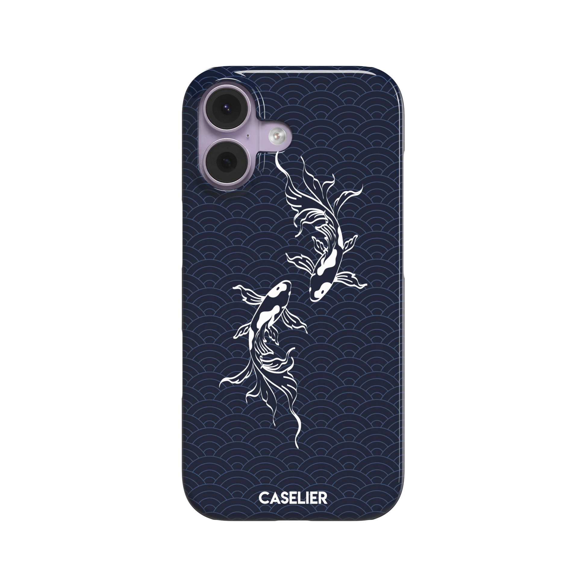 Playful Fishies phone case featuring two white koi fish in line-art style on a deep navy Japanese seigaiha wave pattern, phone case by Caselier — snap case, front view