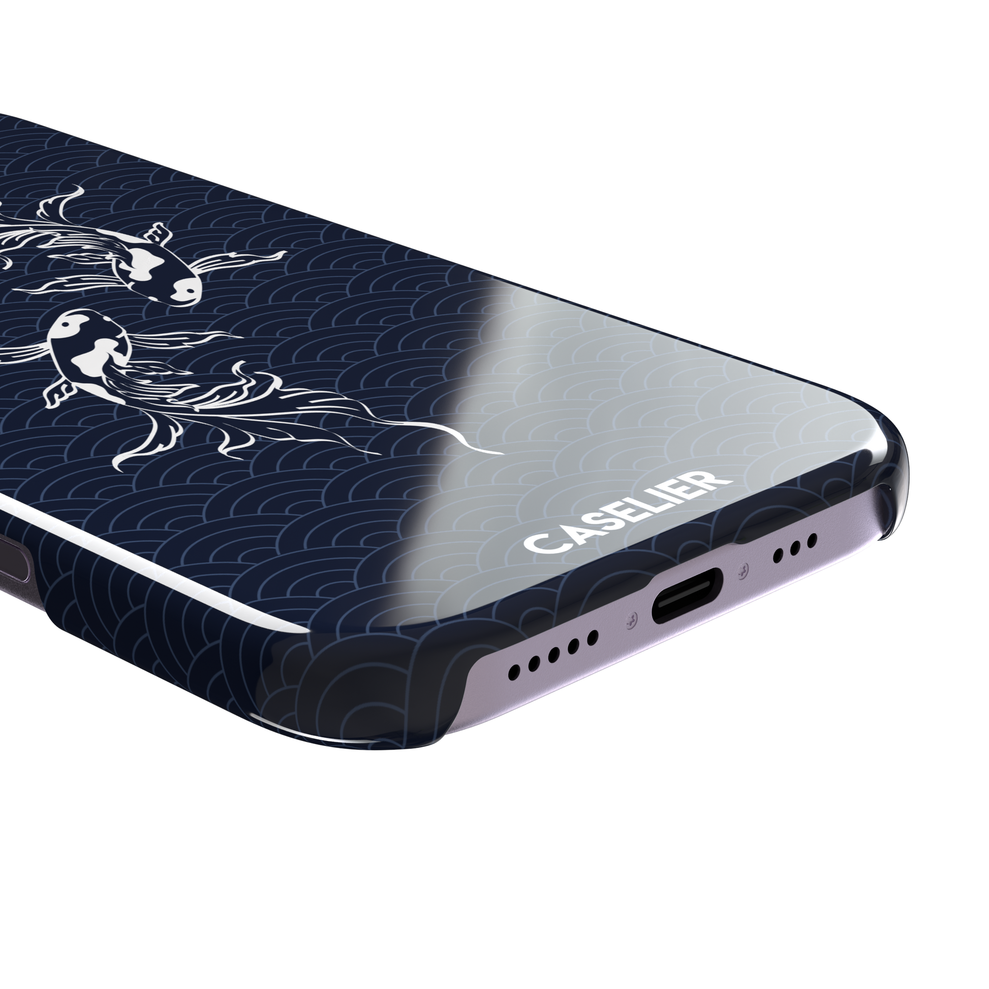Playful Fishies phone case featuring two white koi fish in line-art style on a deep navy Japanese seigaiha wave pattern, phone case by Caselier — snap case, charging port detail