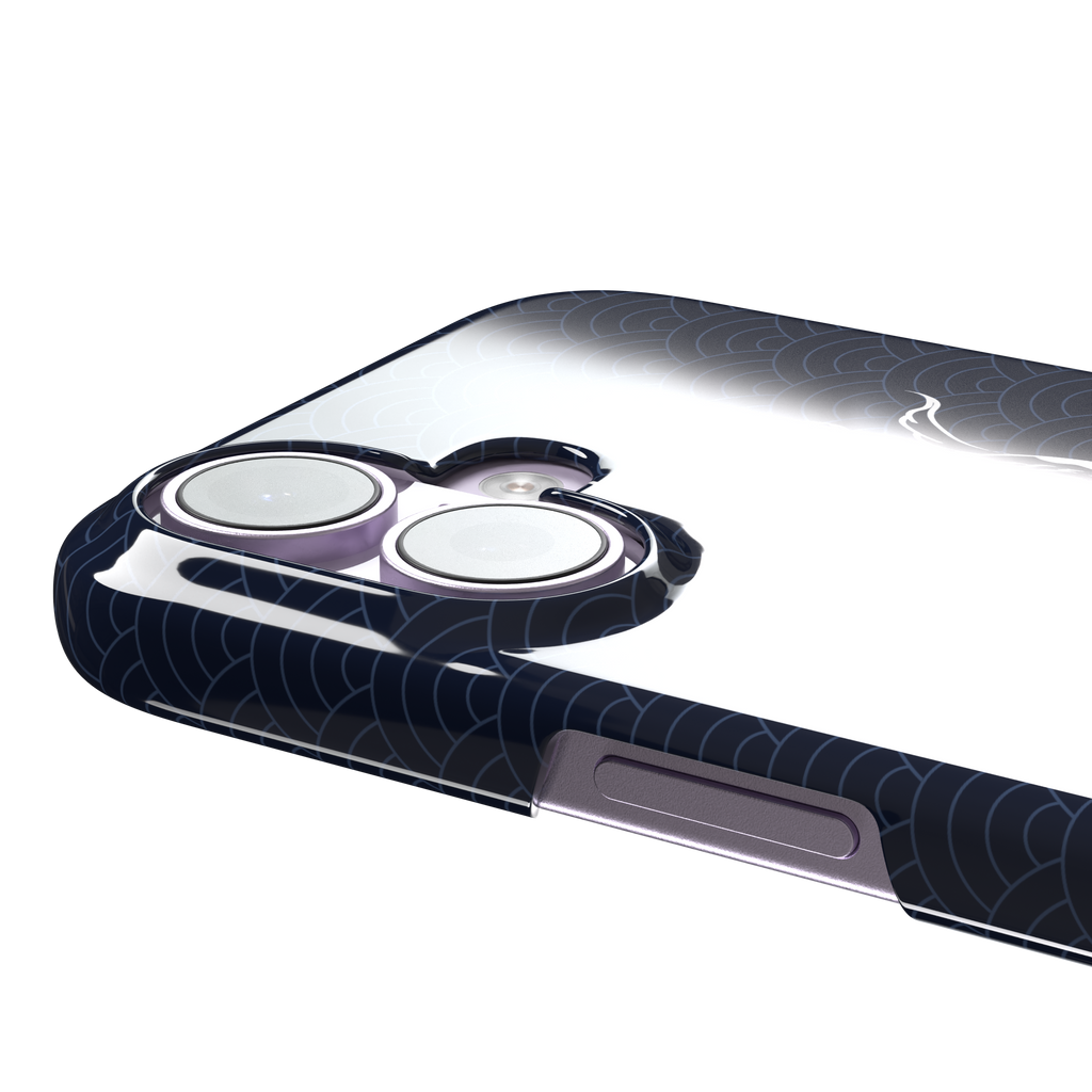 Playful Fishies phone case featuring two white koi fish in line-art style on a deep navy Japanese seigaiha wave pattern, phone case by Caselier — snap case, volume buttons detail