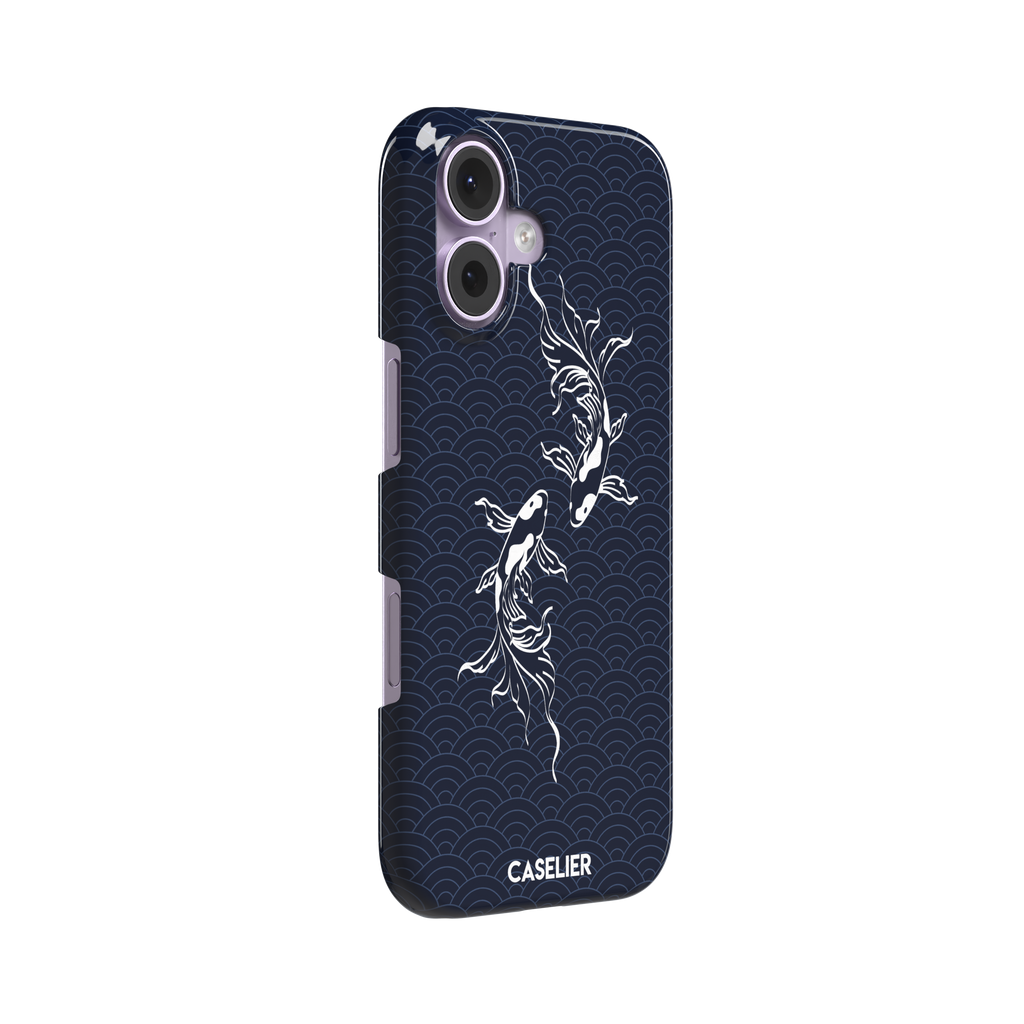 Playful Fishies phone case featuring two white koi fish in line-art style on a deep navy Japanese seigaiha wave pattern, phone case by Caselier — snap case, left view