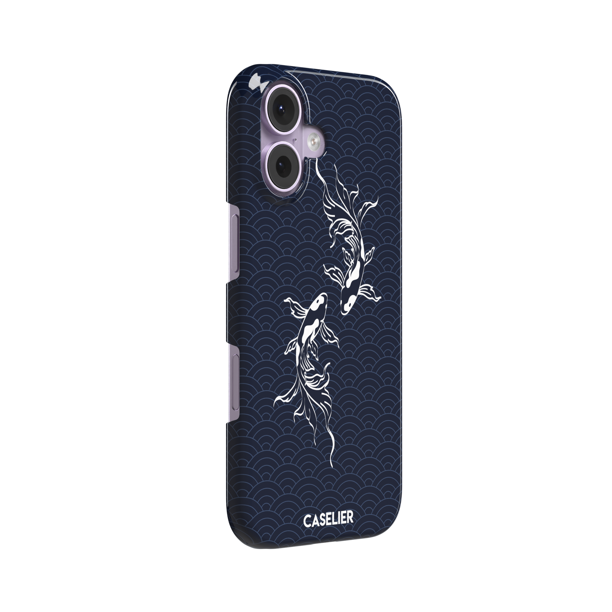 Playful Fishies phone case featuring two white koi fish in line-art style on a deep navy Japanese seigaiha wave pattern, phone case by Caselier — snap case, left view