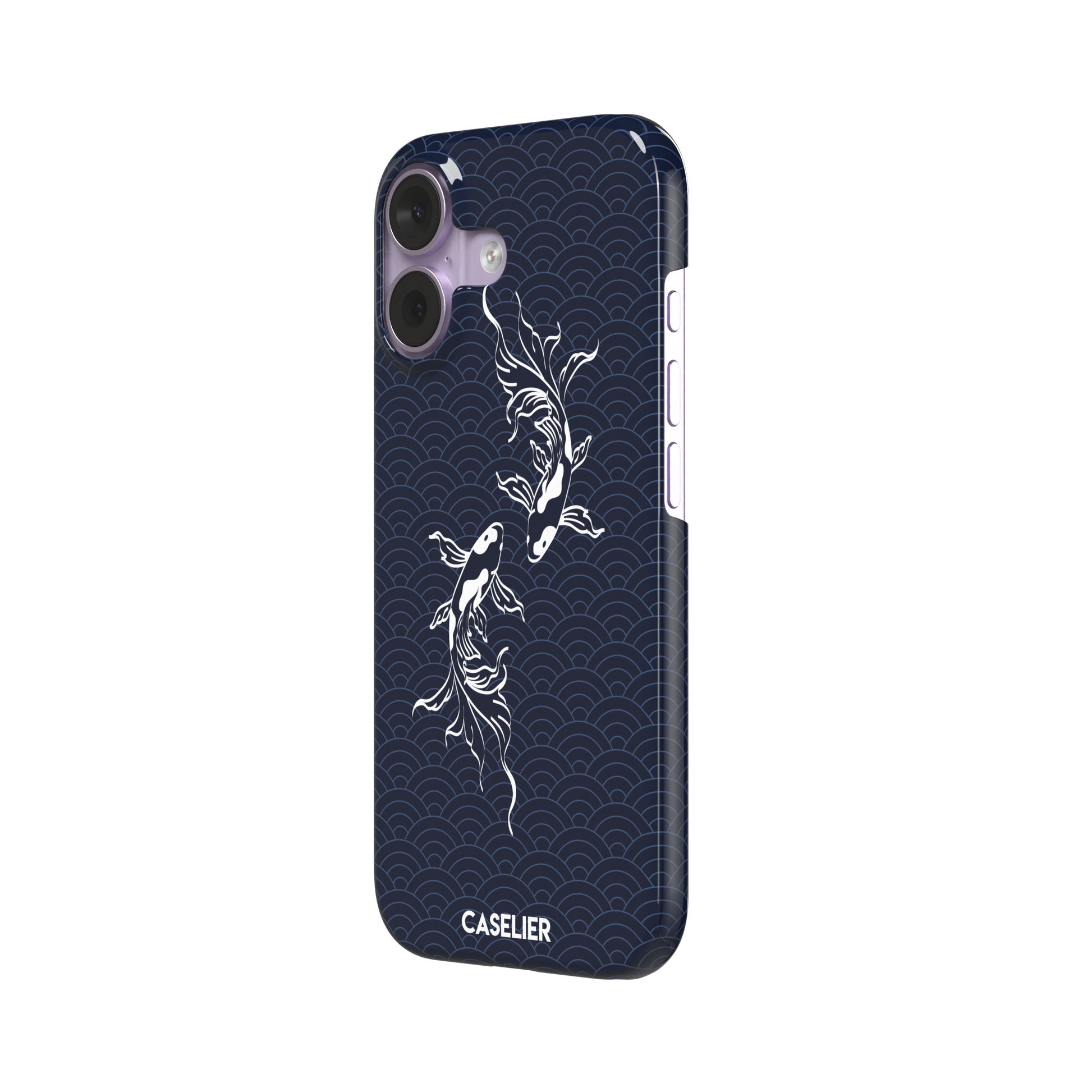 Playful Fishies phone case featuring two white koi fish in line-art style on a deep navy Japanese seigaiha wave pattern, phone case by Caselier — snap case, right view